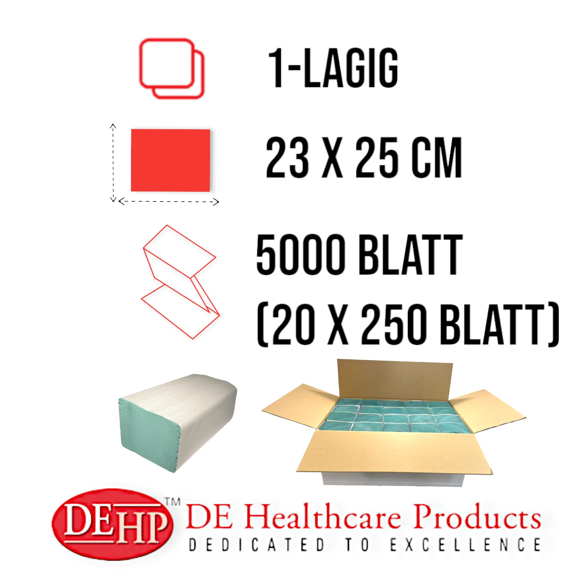 Papierhandtücher (5.000 Stück), ZZ-Falz, 1-lagiges Papiertuch je 25x23 cm, Falthandtücher aus 100% Altpapier, grün