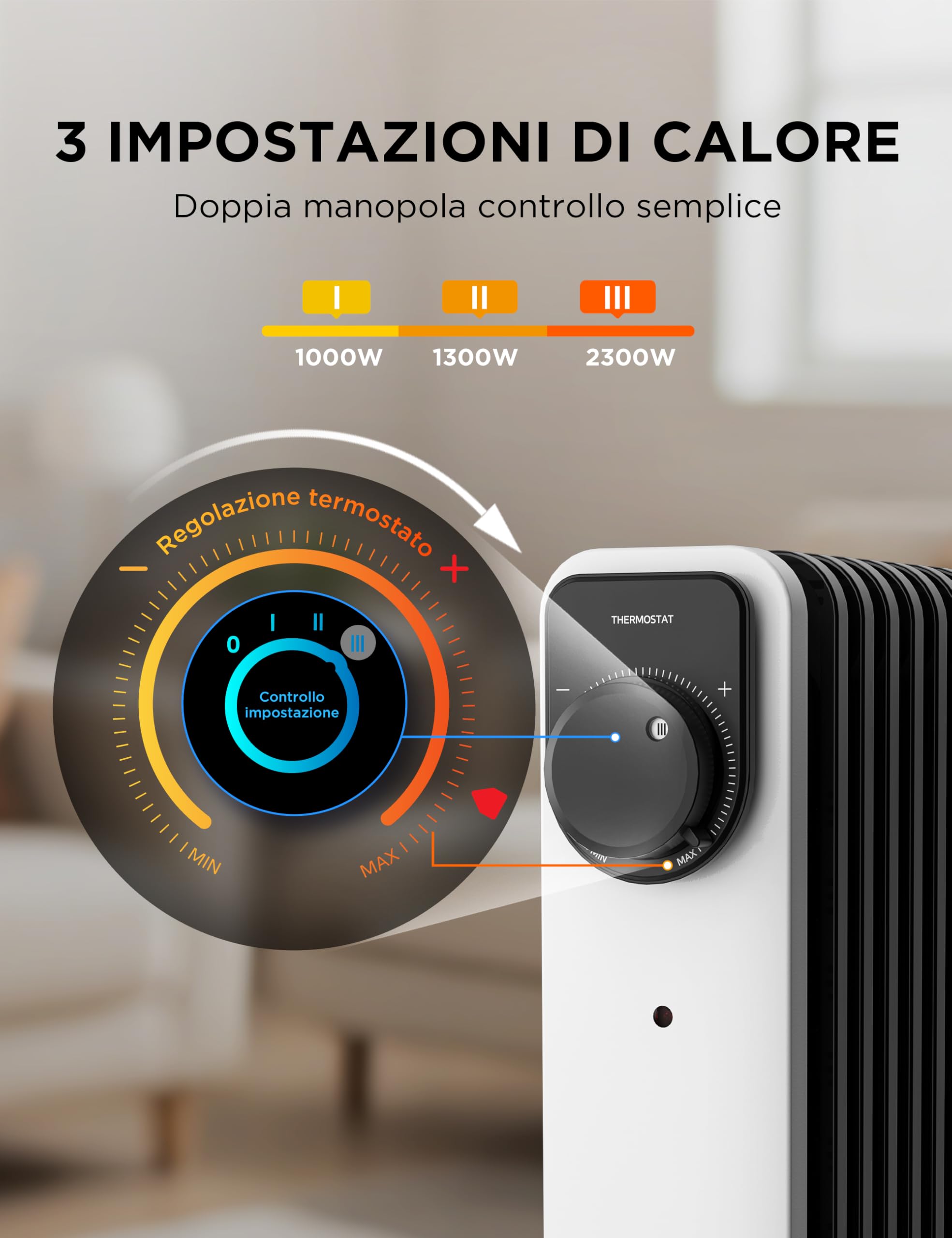 Midea Termoconvettore a Olio, 2300W, 11 alette, Controllo a Manopola, Termostato Regolabile, 3 Livelli di Calore, Protezione da Ribaltamento e Surriscaldamento, Ultra Silenzioso per Ufficio e Casa