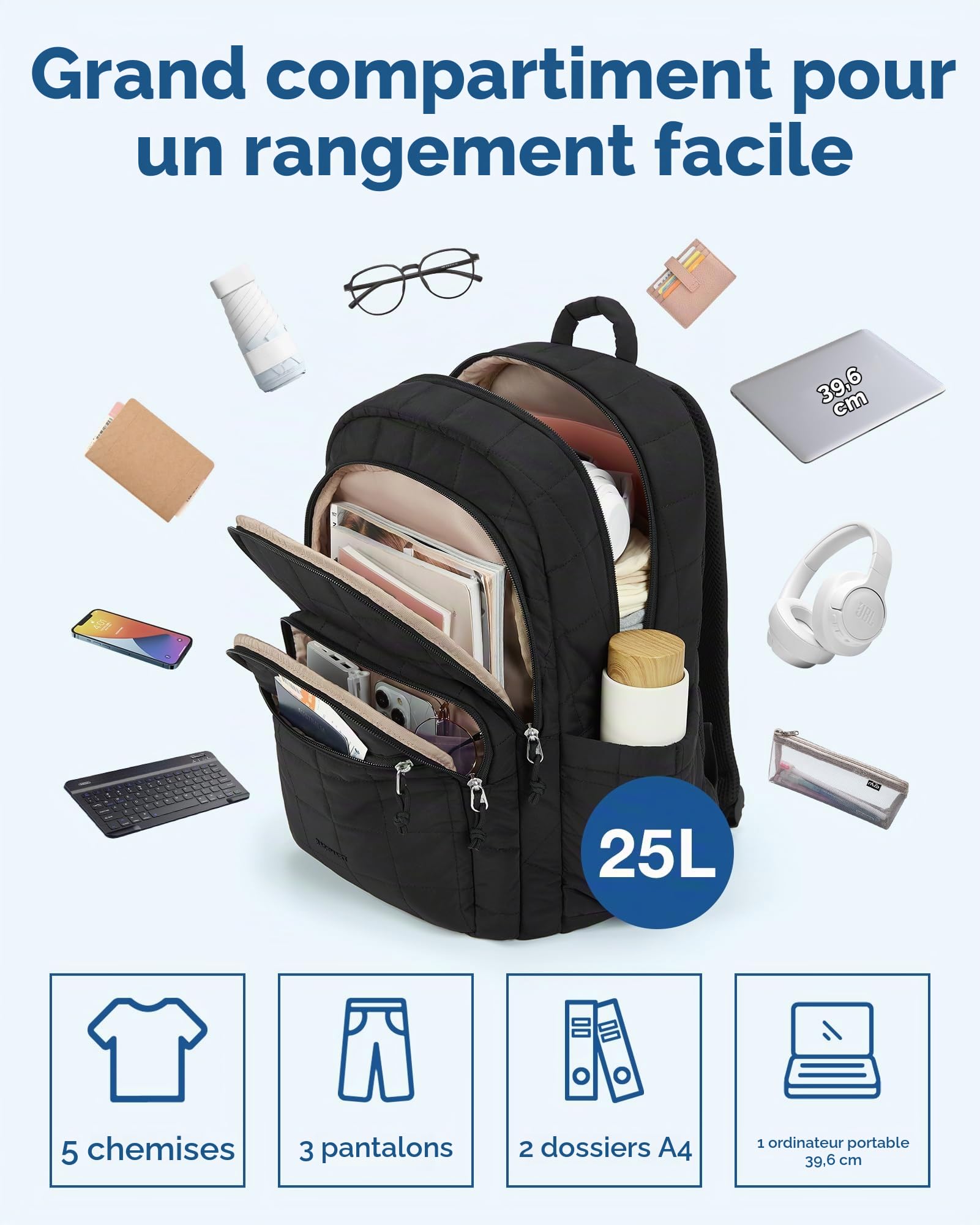 bagsmart Sac a Dos Femme,25L Sac a Dos Ordinateur Imperméable pour 15.6" Ordinateur Portable,pour Avion,Léger Voyage,Universitaire,Noir
