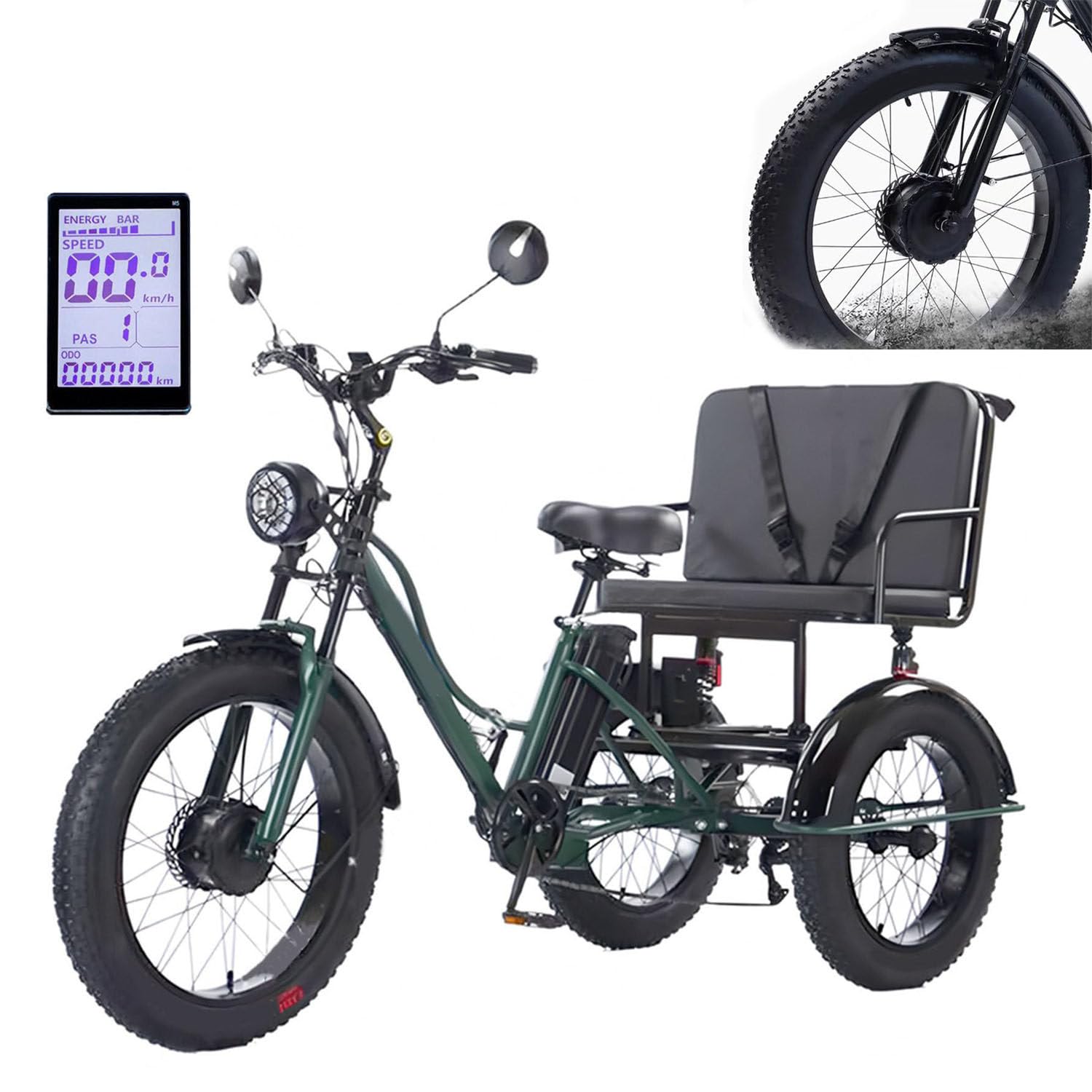 Triciclo elettrico da carico per adulti, portata 150 kg, ideale per shopping e picnic.