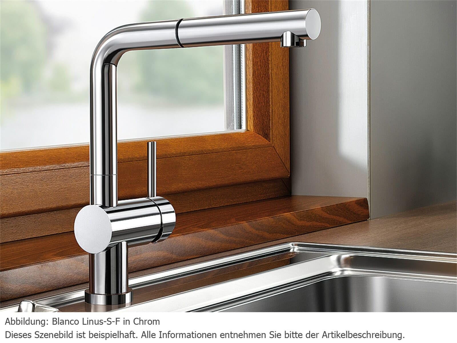 BLANCO LINUS-S-F | Küchenarmatur in chrom | Mit herausziehbarem Schlauch | [11x26,6x28,4 cm] | Vorfensterarmatur zur Montage vor dem Fenster | wassersparend | Niederdruck | Keramik Kartusche