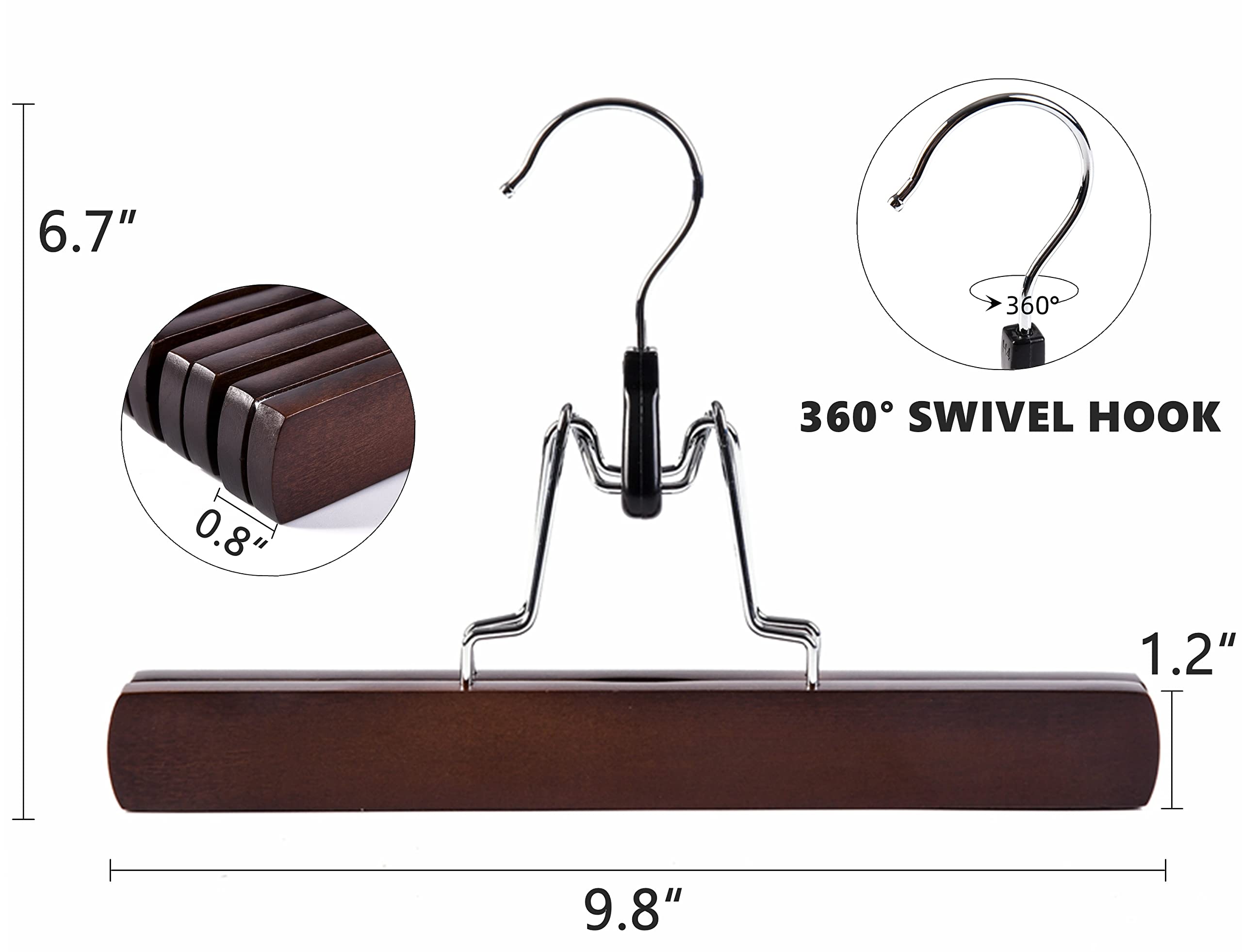 Amber Home Perchas de madera para pantalones, 10 unidades, perchas para faldas con terciopelo acolchado antideslizante, acabado suave, perchas de madera maciza, perchas de sujeción en color antiguo