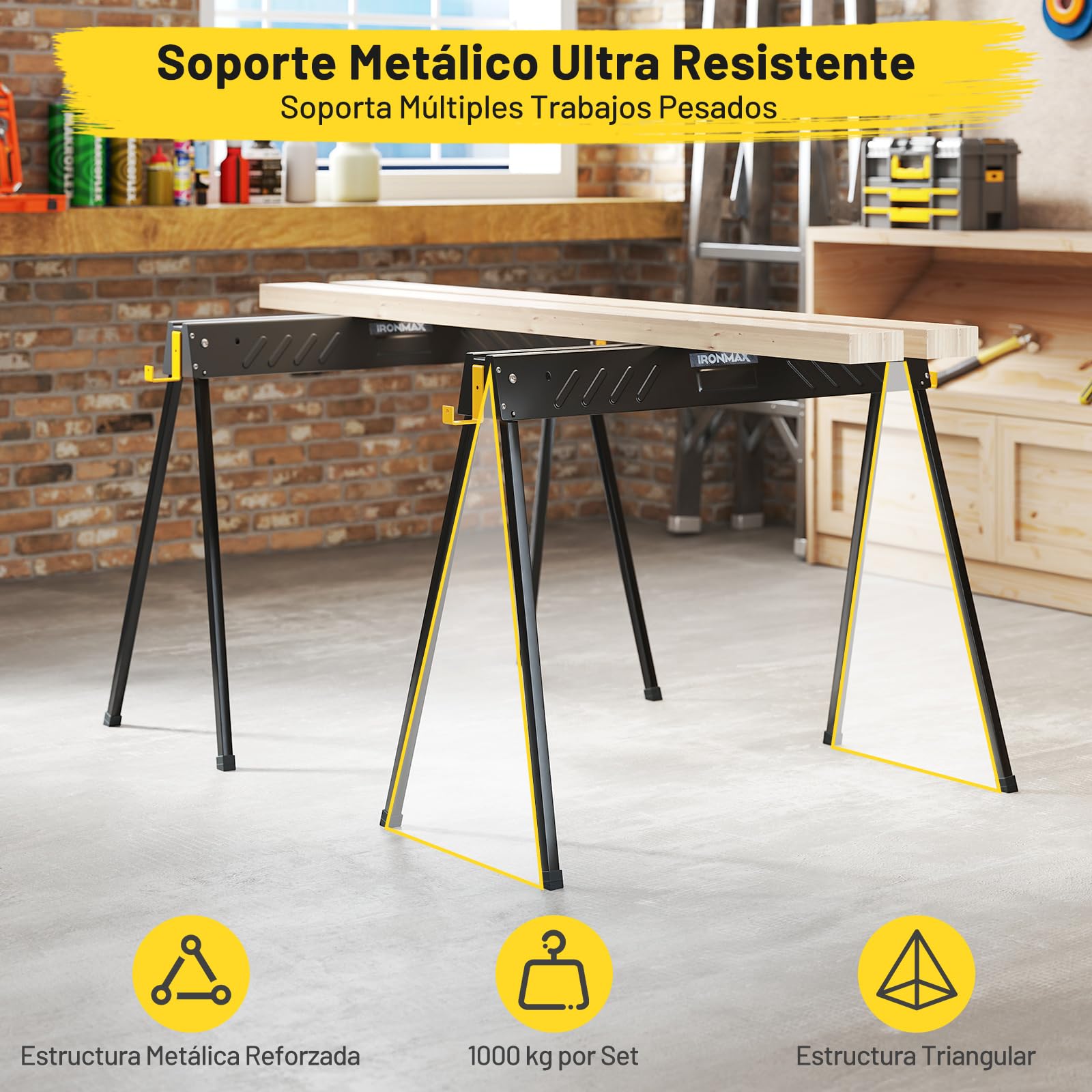 COSTWAY Juego de 2 Caballeteas de Sierra con Patas Plegables, Caballete Metálico de Trabajo con Asa y Brazos de Soporte, Borriquetas para Contratistas Carpinteros, Carga 500 kg, Negro