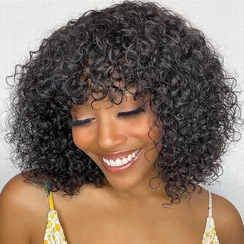Rebecca Fashion Peluca de cabello humano rizado con flequillo de 10 pulgadas, peluca de cabello humano corto rizado con ondas de agua, pelucas de