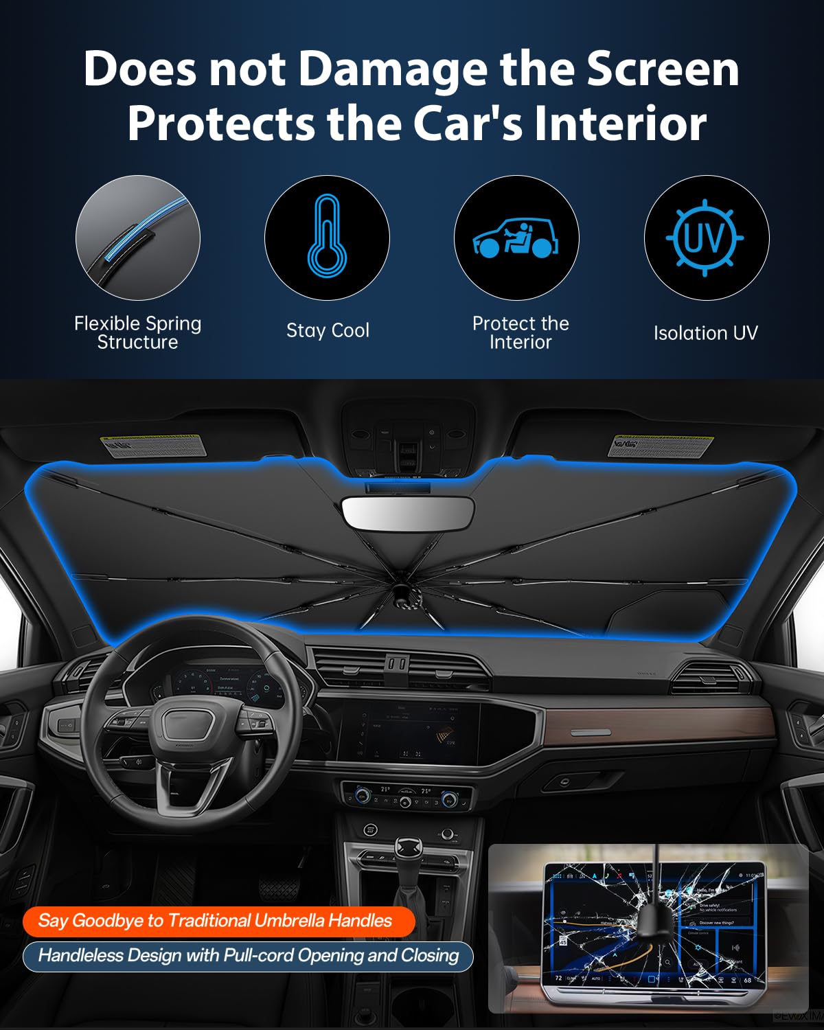 Ruiya 2026 Upgrade Parasol Coche Delantero Compatible con Audi Q3 F3 2020-2025, Paraguas Plegable Aislamiento Térmico, Protección UV, Accesorios para Parabrisas