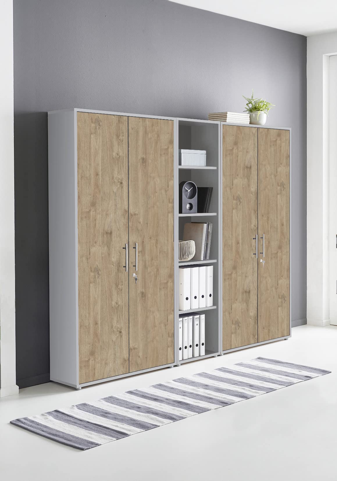 Schrankwand Office Edition abschliessbarer Aktenschrank Büroschrank Lichtgrau/Gold Harbor Oak Set 10
