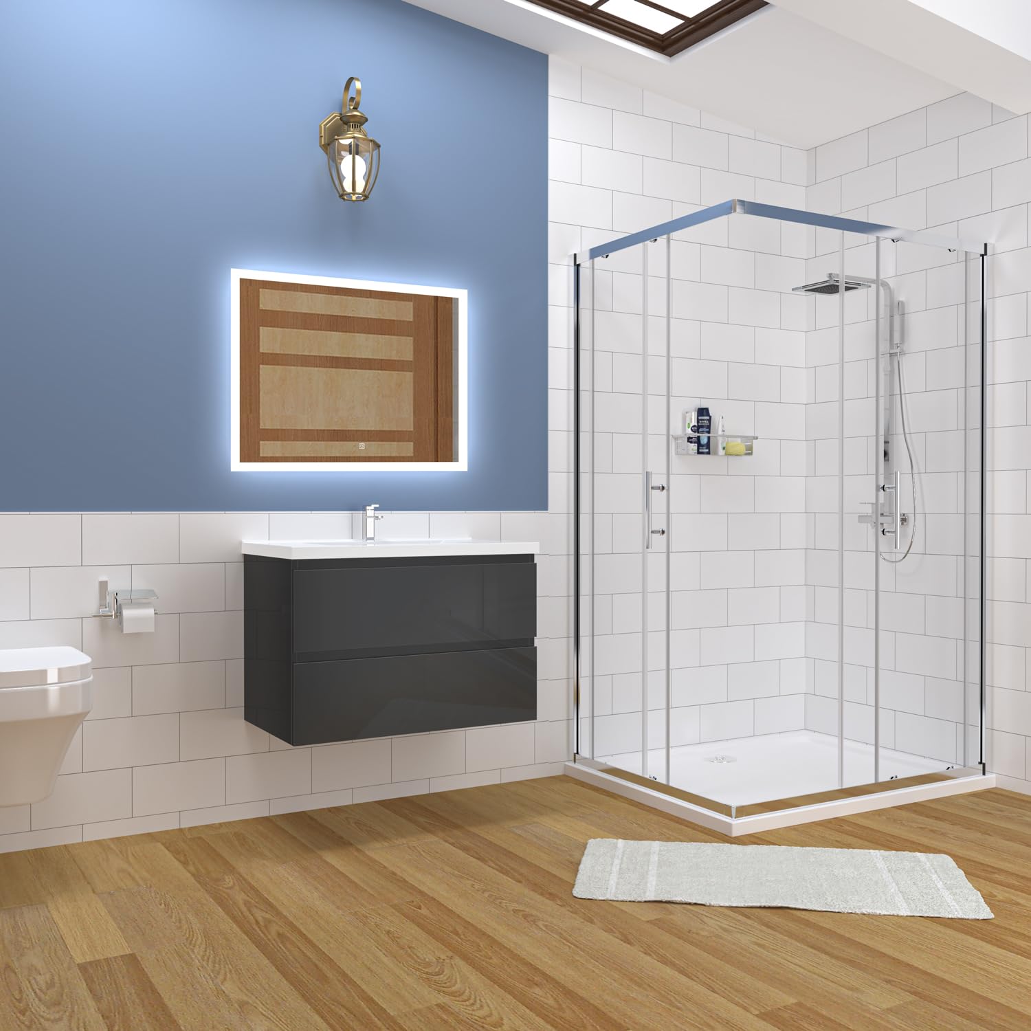 Aica Sanitär Waschtisch mit Unterschrank 80cm Alast Badmöbel Set Hochglanz Anthrazit Keramik Waschbecken mit Unterschrank MDF Softclose