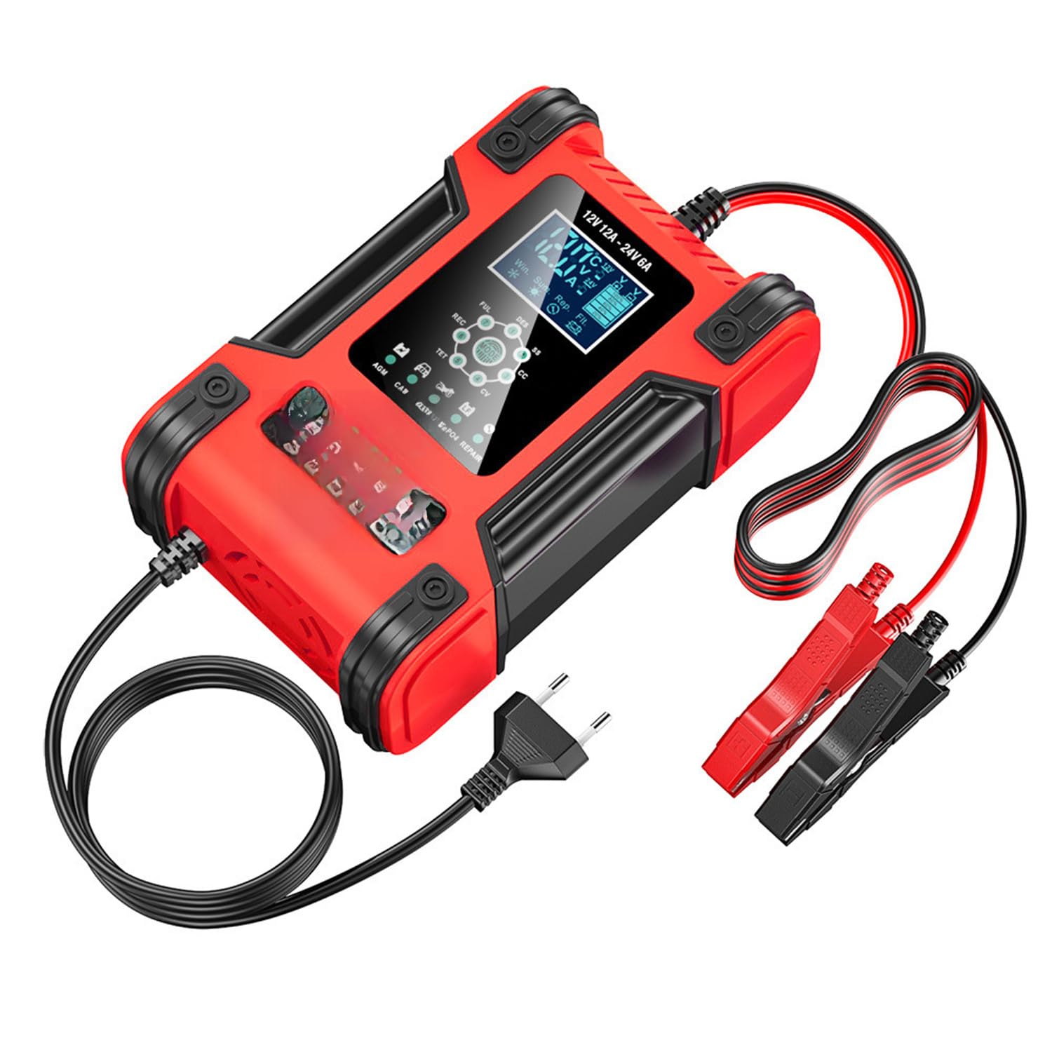 Cargador de batería 7 etapas con botón Pantalla Digital Grande protección múltiple y Modo reparación 100-240V para Coche SUV RV Motocicleta camión yate