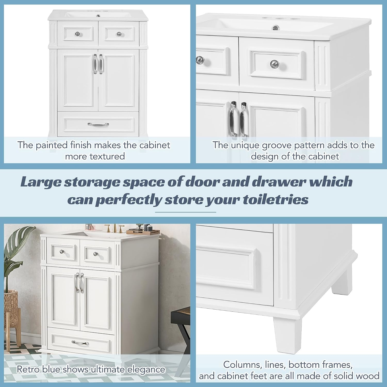 Merax 24 Inch Bathroom Vanity with Sink, Modern Single Sink Bathroom Storage Cabinet with 2 Doors & 1 Drawer, Quick Assembly Bathroom Vanities, Solid Wood Construction, White Sink Top with 3 Holes