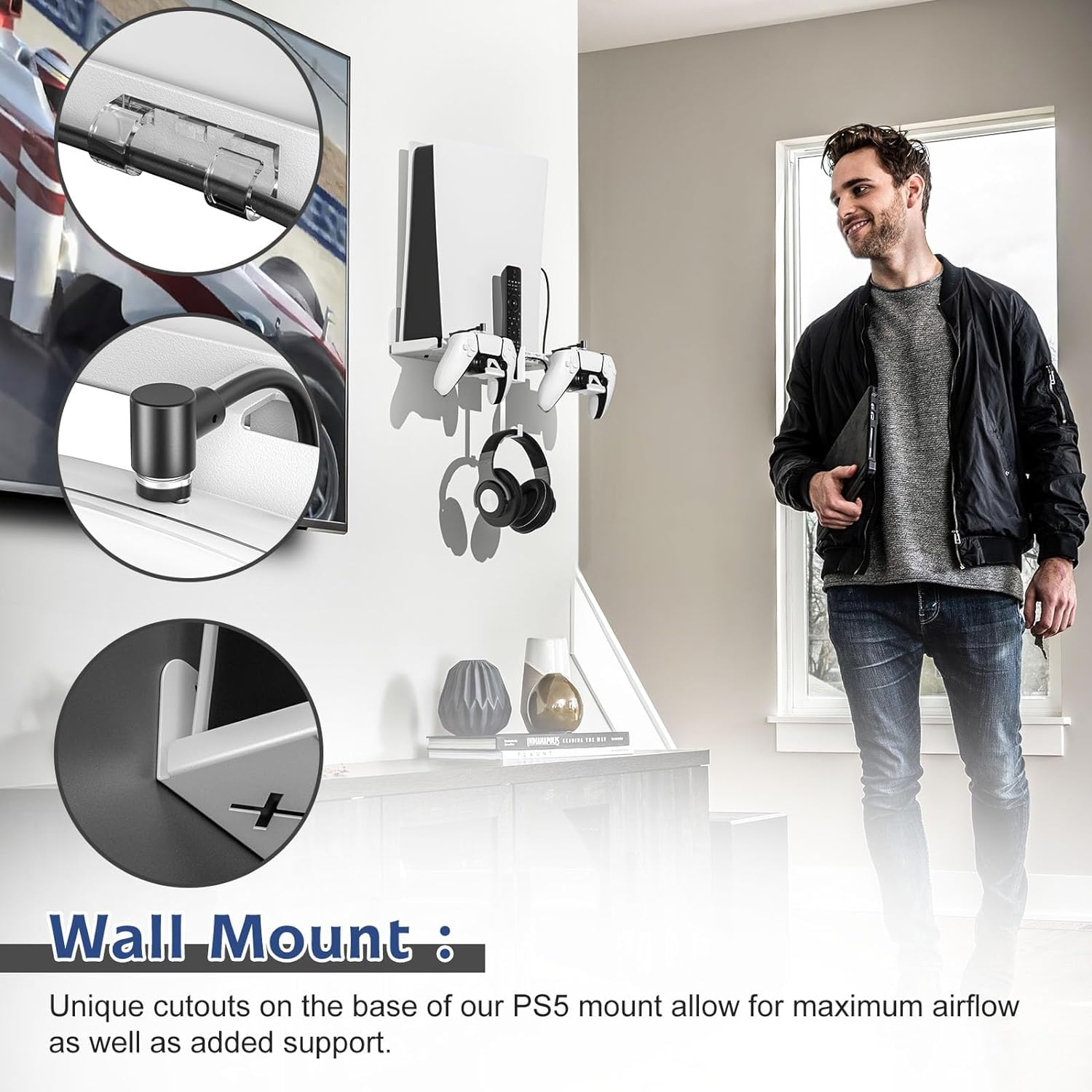 PS5 Supporto Parete Supporto PS5 Muro con 2-in-1 Cavo di Ricarica Magnetico per PlayStation 5 Disco e Digitale Supporto Parete PS5 con Supporto per Controller e Gancio per Cuffie (Bianco)