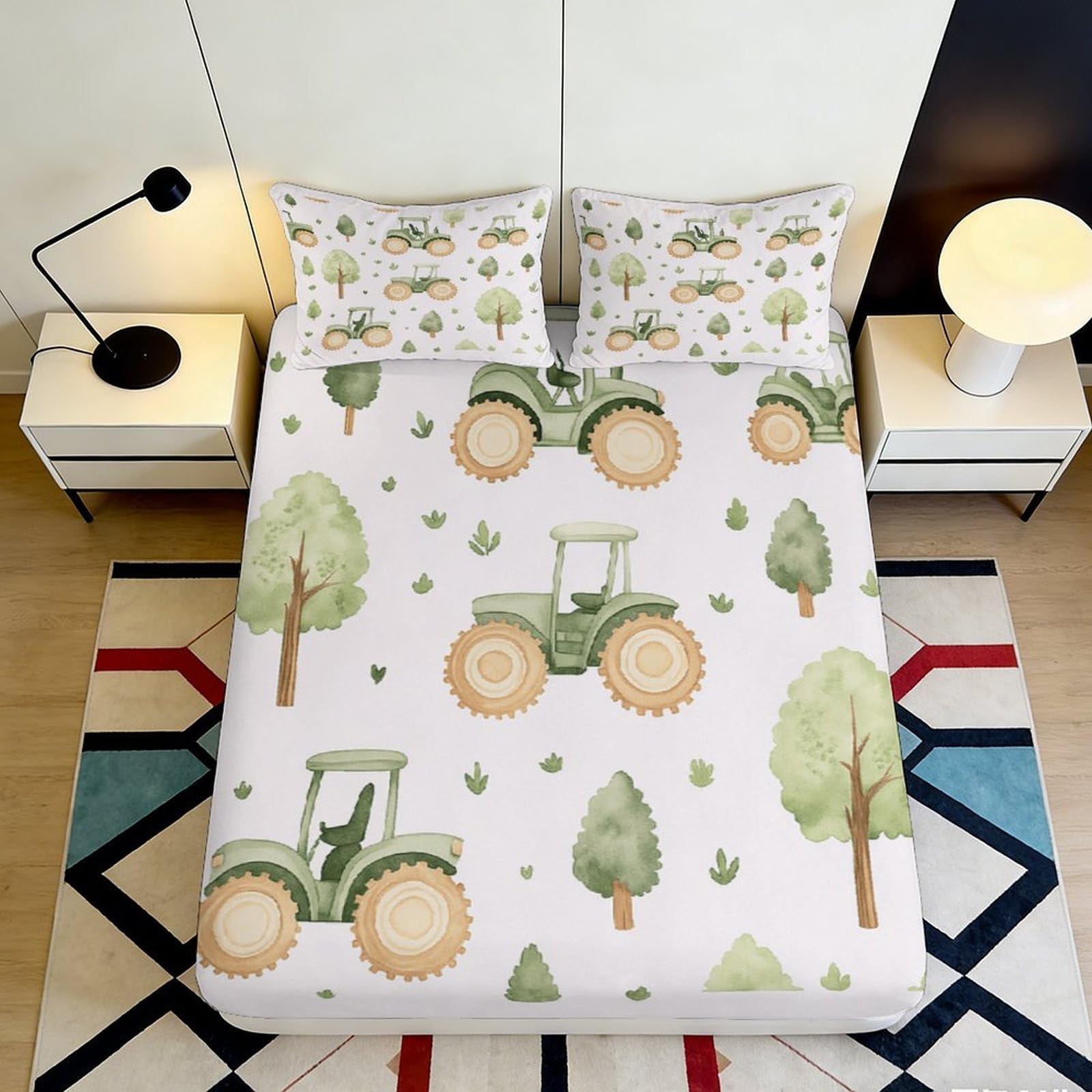 3D Printed Green Tractor Fitted Sheet Microfiber Soft Farm Tree Mattress Cover for Bedroom Dorm Bed Decor 120x200x25cm