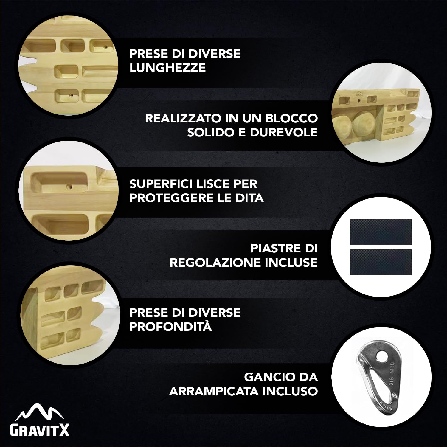 GravitX – Tavola da Arrampicata in Legno 65 cm – Fingerboard da Allenamento con Multiprese 18 a 45 mm – Montaggio a Muro con Gancio di Sicurezza e Piastre in Gomma