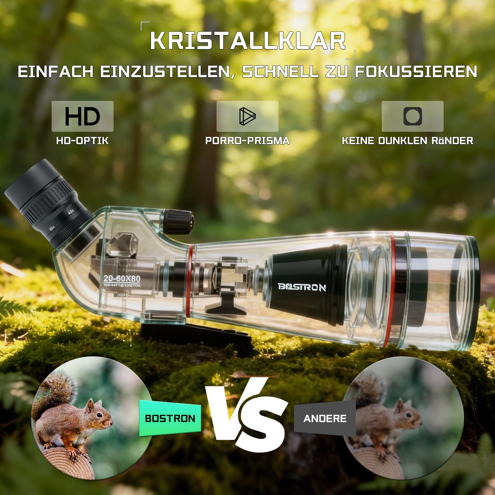 20-60 x 80 Spektiv Vogelbeobachtung HD FMC für Jagd | Spektive Sportschützen - Wasserdicht Porro Prism mit Stativ,45-Grad-abgewinkelte für Vogelbeobachtung,Zielschießen