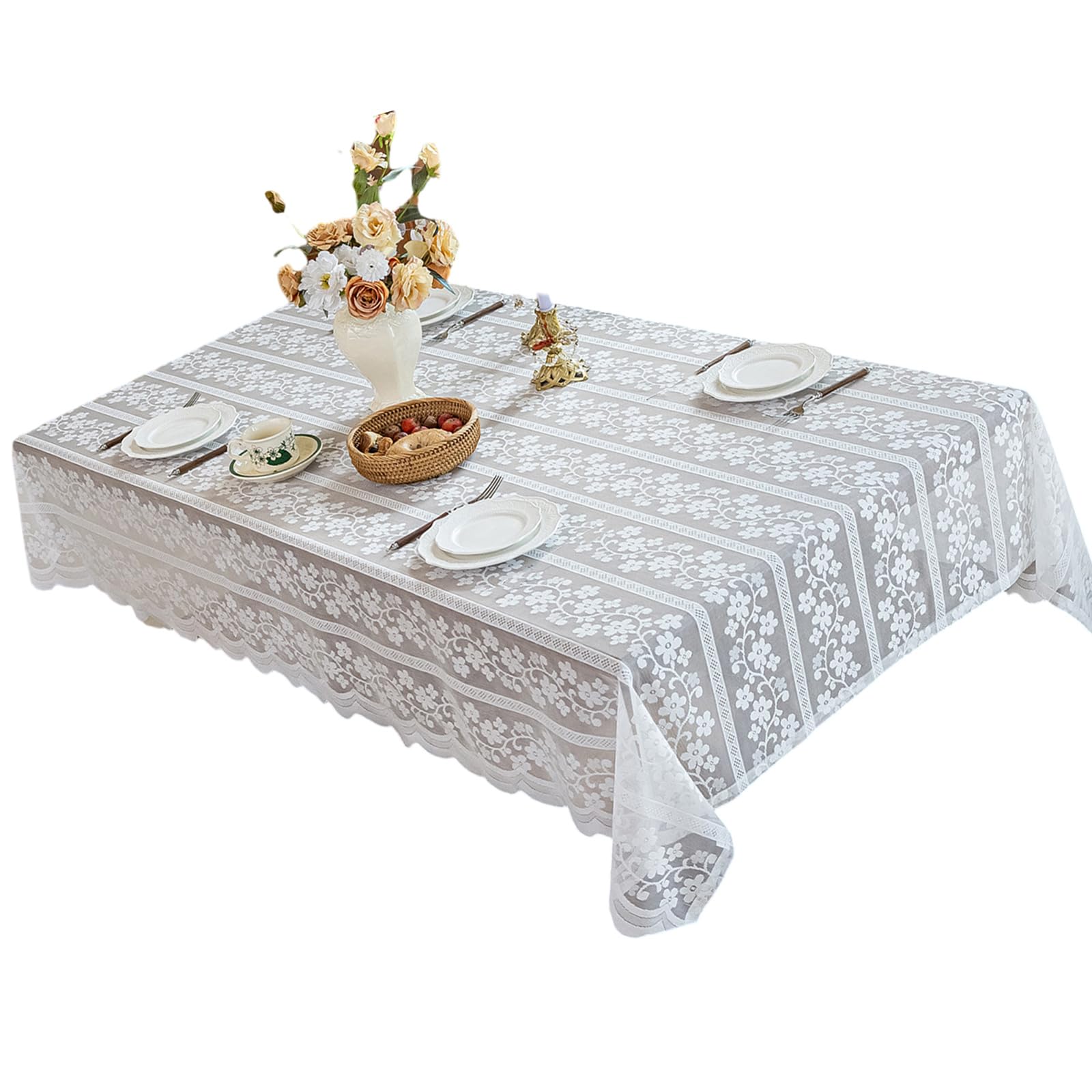 Buxuaaaa Delicate White Floral Lace Tablecloth Polyester Fabric Scalloped Table Cover for Daily Use and Special Event Decoration Elegant Dining Tablecloth
