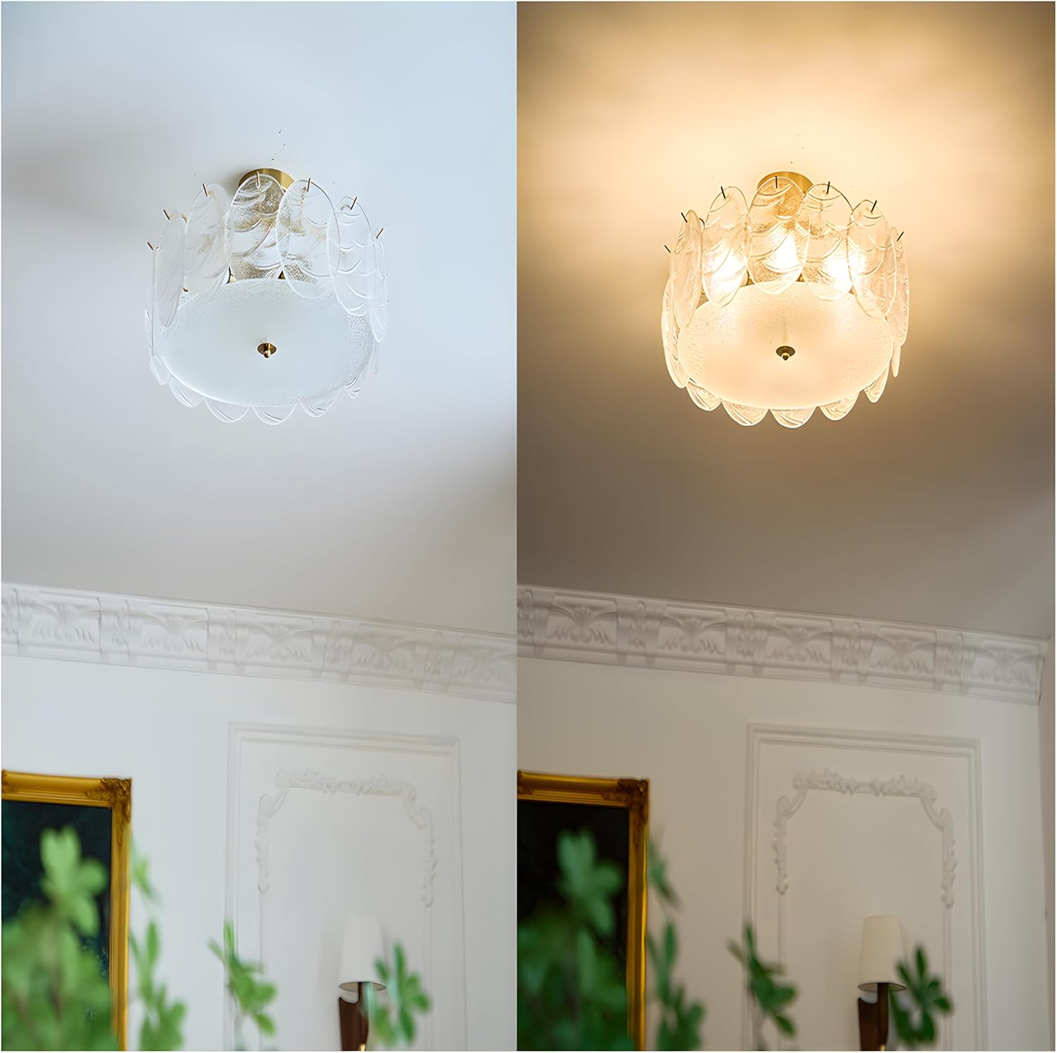Bofea-8-Lights Semi Flush Mount Ceiling Light Fixture,Brass Gold Glass Crystal Drum Light Close to Ceiling Light,Large Modern Farmhouse Glass Ceiling Light Fixtures for Bedroom,Entryway,Hallway.