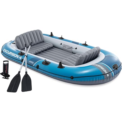 INTEX 66325EP Excursion 5 Inflatable Boat Set: Includes Deluxe 54in Aluminum Oars and High-Output-Pump – Adjustable Seats with Backrest – Fishing Rod Holders – 5-Person – 1320lb Weight Capacity