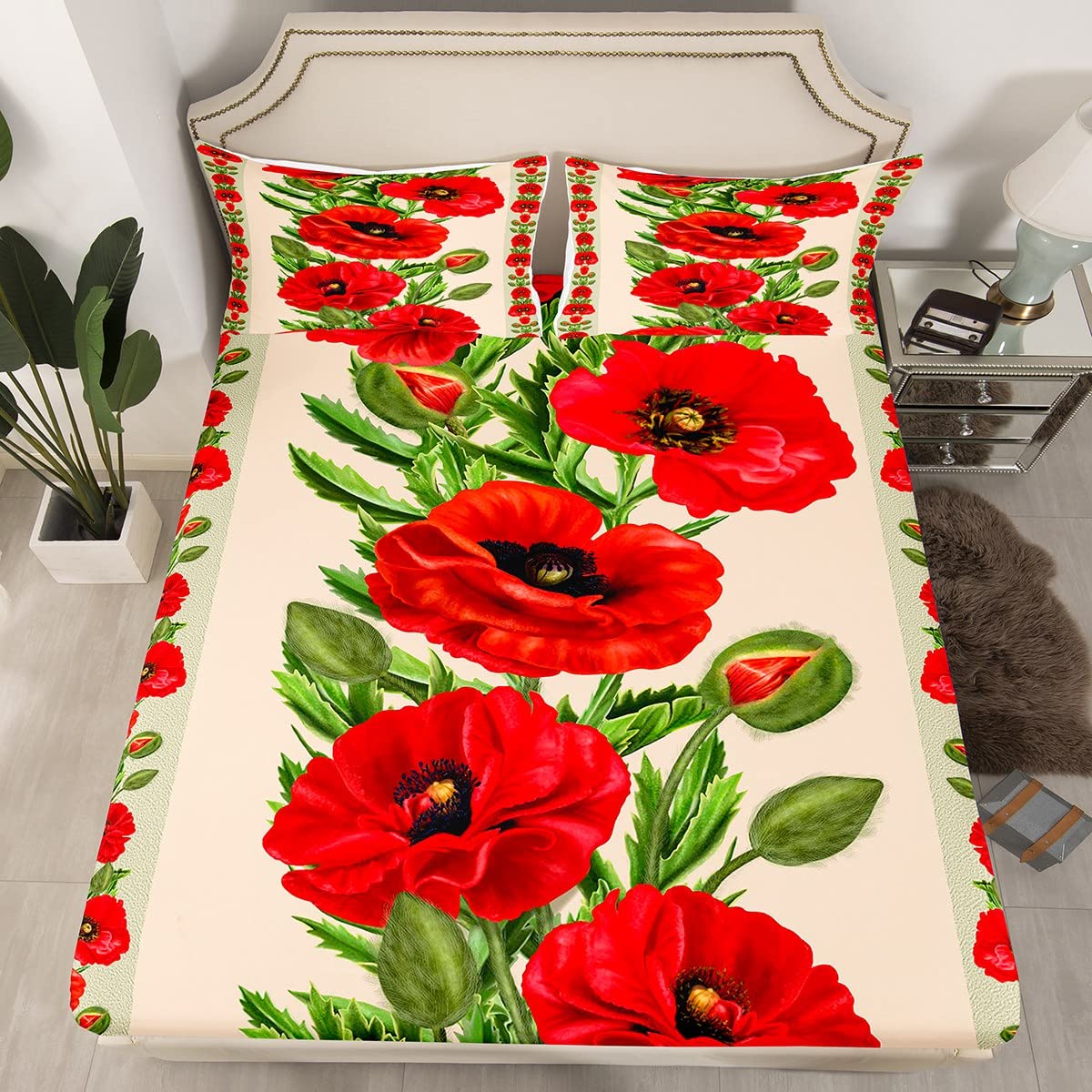 Homemissing Rode bloem laken set bloemenprint beddengoed set mooie botanische hoeslaken bloem decor plat laken voor kinderen jongens meisjes volwassenen met 2 kussensloop king Homemissing Rode bloem laken set bloemenprint beddengoed set mooie botanische hoeslaken bloem decor plat laken voor kinderen jongens meisjes volwassenen met 2 kussensloop king
