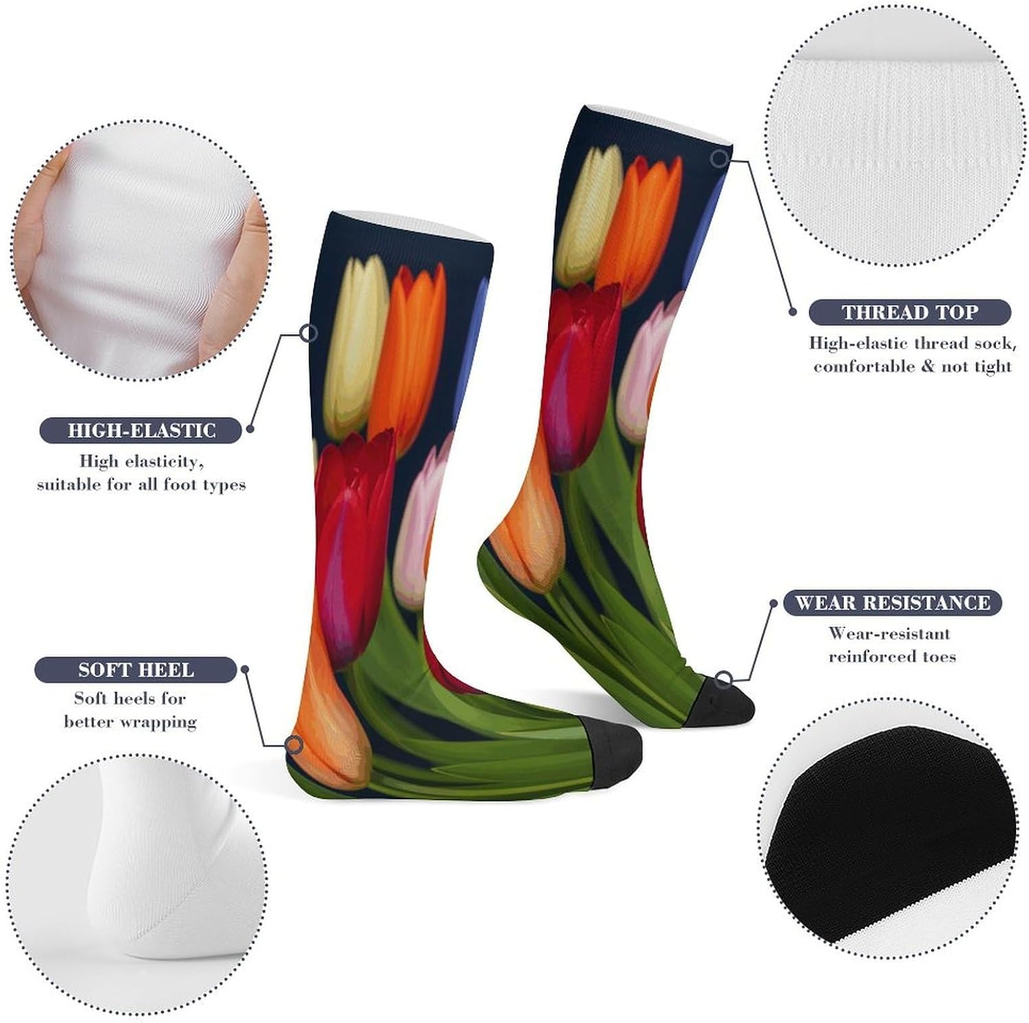 Colorful Flowers Compression Socks for Men Women | Funny Novelty Knee High Socks, Breathable Cozy Soft Football Sock, Over The Calf Socks for Casual Work Athletic Sock & Gifts