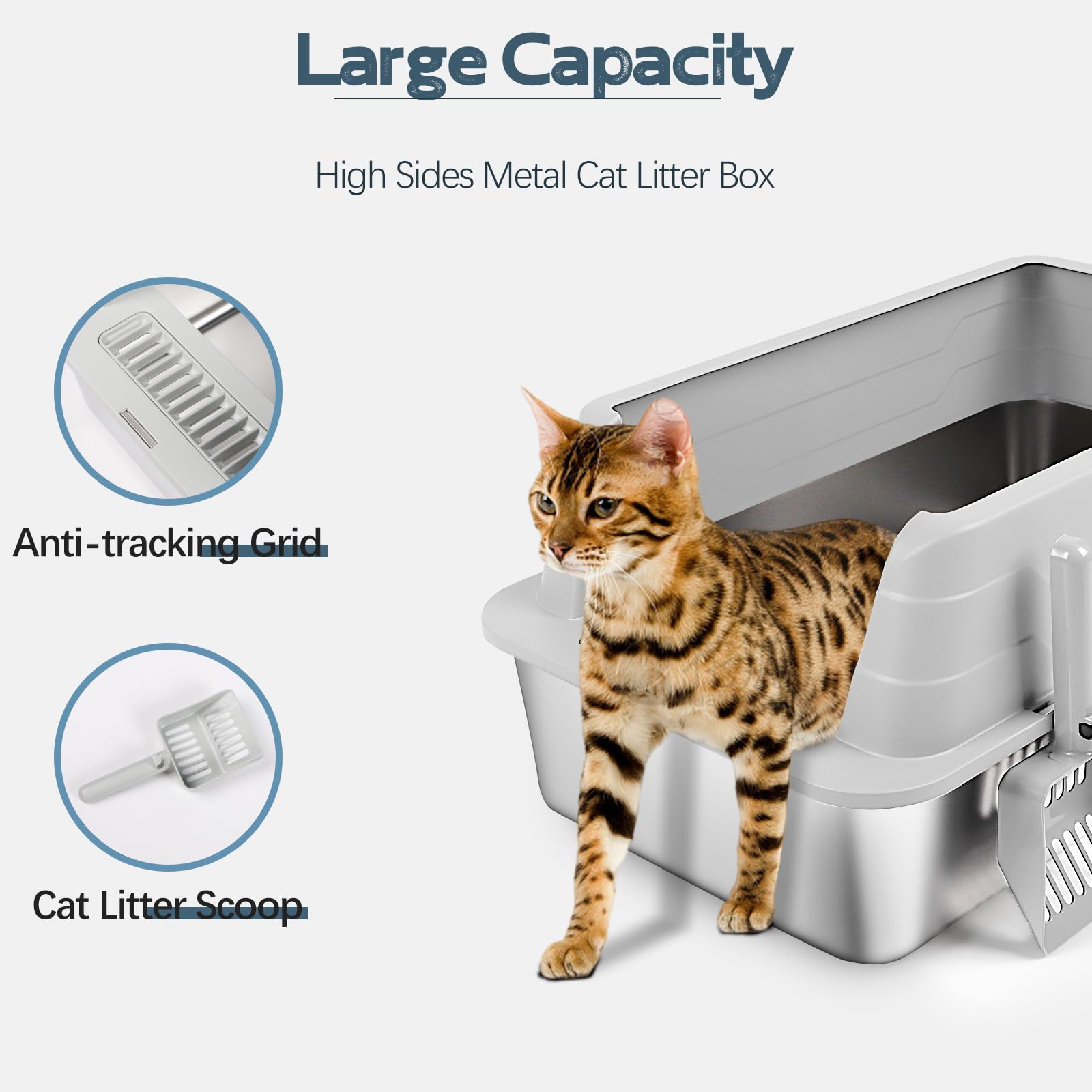 Bac à litière pour Chat en Acier Inoxydable avec Pelle, bac à litière à Bords Hauts pour éviter Les éclaboussures, sans Odeur, Non Collant, Facile à Nettoyer (Gris Clair, 3 unité)