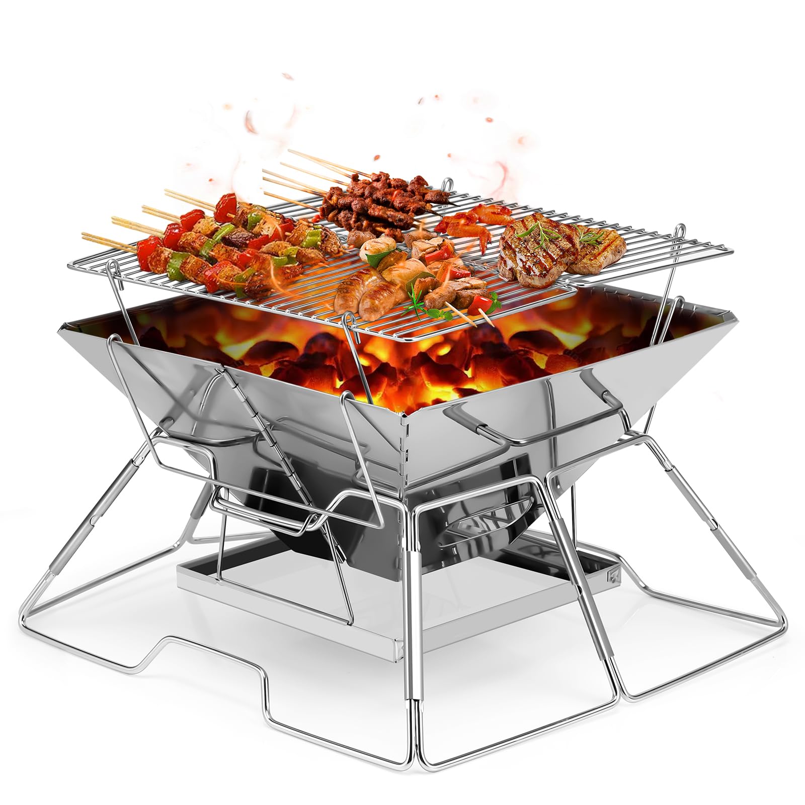 Portable Charcoal BBQ Grill For Camping: Small Folding Fire Pit Stainless Steel Barbecue Grill For Campfire, Outdoor