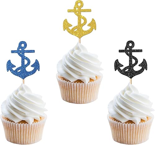 24 piezas de adornos náuticos para cupcakes, decoraciones de fiesta con temática de ancla, decoraciones de fiesta temática azul marino, cumpleaños,