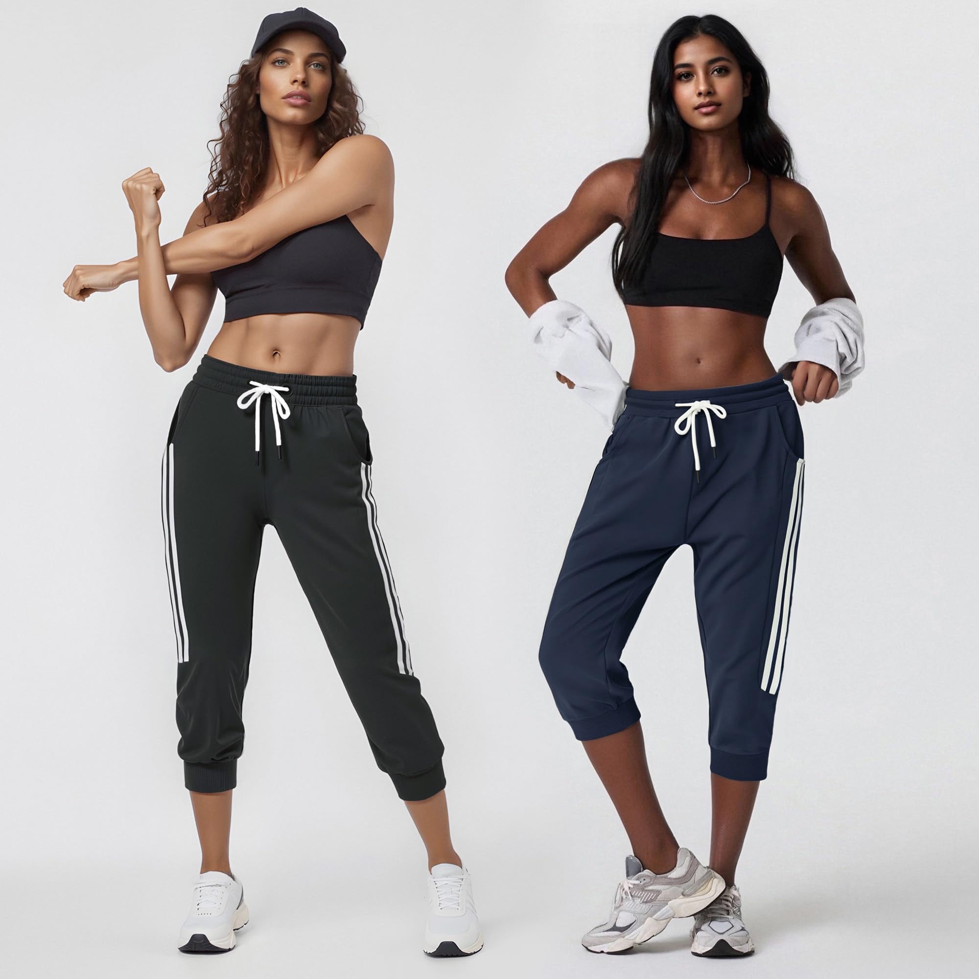 SPECIALMAGIC Paquete de 2 pantalones capri para mujer, con bolsillos, pantalones deportivos capri, negro, azul marino, (Black+Navy), XXL