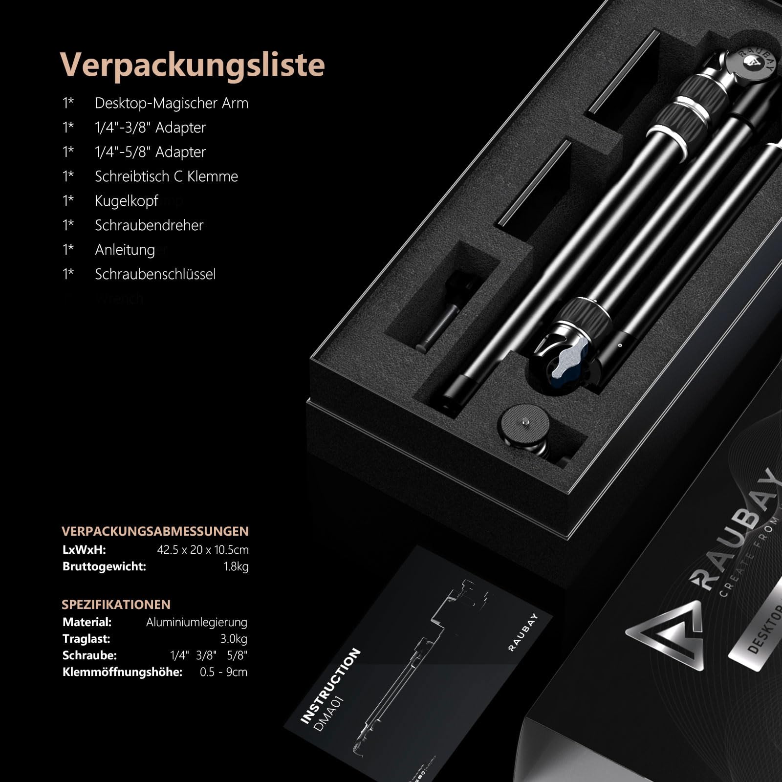 【Ganz aus Metall】RAUBAY Desktop Magic Arm, Overhead-Kamera-Tischhalterung, Tischleuchtenstativ mit 1/4-Zoll-Kugelkopf, 3/8-Zoll & 5/8-Zoll-Adapter, C-Klemme für DSLR, Webcam, Mikrofon, Projektor DMA01