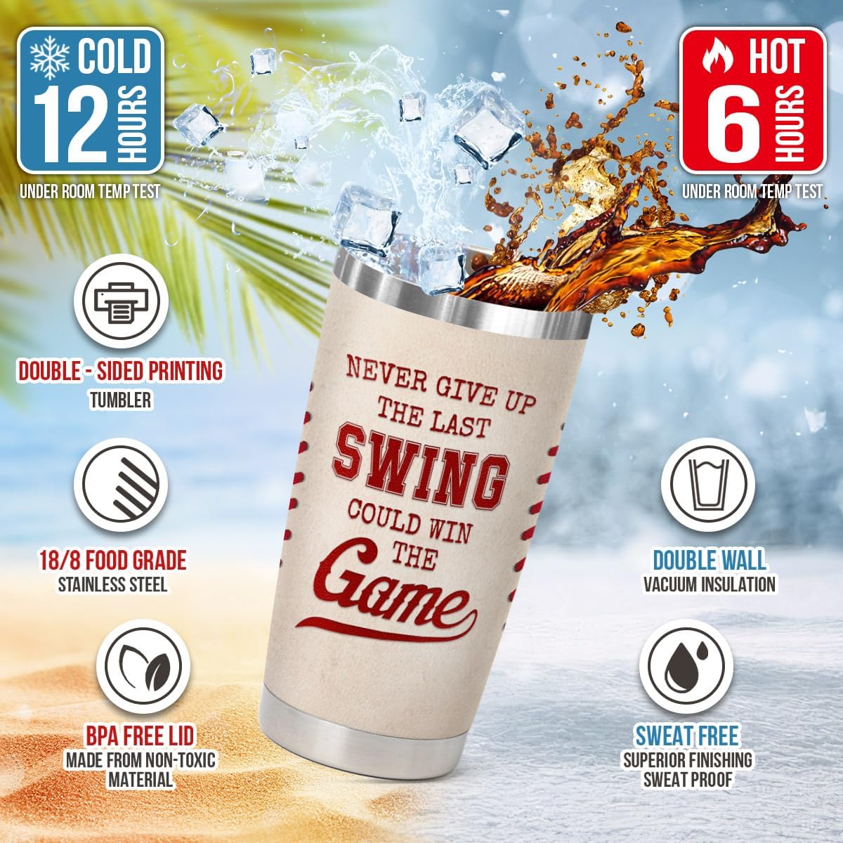 Baseball Tumbler 20z with Lid - Baseball Gifts for Men Boys Player Coach Sports Lover, Team Gifts for Birthday Easter Christmas - Insulated Travel Mug, Drinking Cup, Water Bottles - Image 3