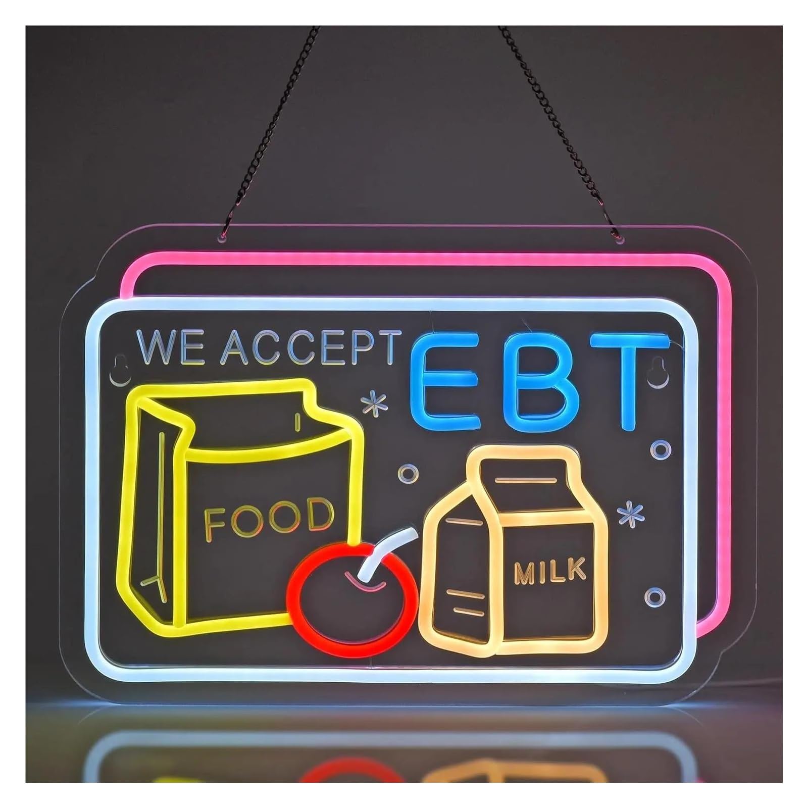 XENITE Hanging Art Neon Signs We Accept EBT Neon Sign Grocery Store Supermarket Farmers Market Bodega Deli Wall Decor USB Powered Dimmable 40x29cm