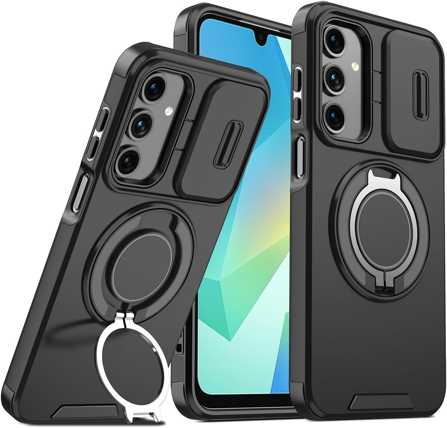 ILING Etui do Samsung Galaxy A17 5G/4G, matowa tekstura, twardy poliwęglan, silikonowy TPU, obudowa klasy wojskowej, odporna na wstrząsy, z magnetycznym pierścieniem, podpórką i osłoną aparatu (czarne
