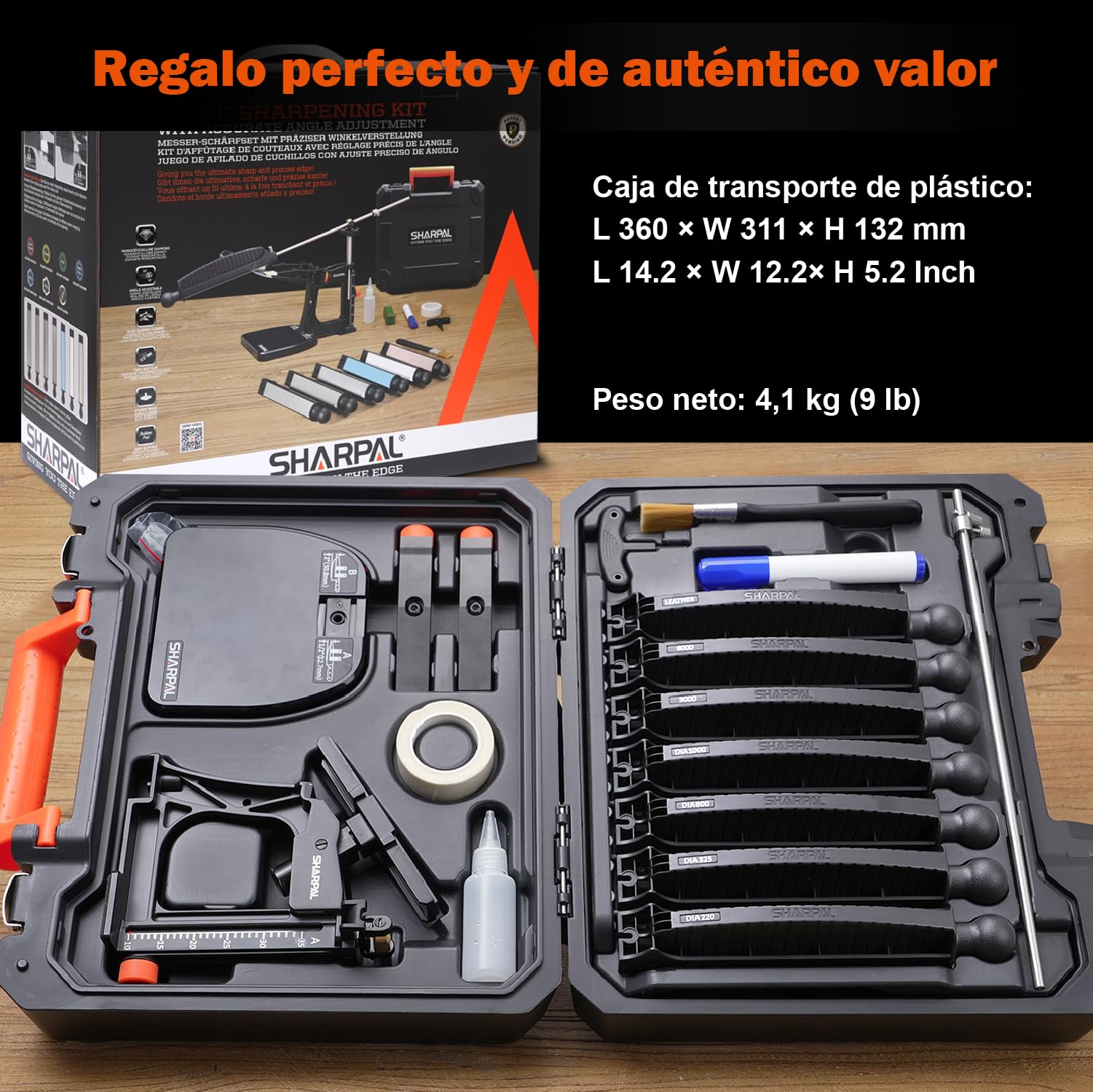 SHARPAL 202H Sistema Profesional de Afilado de Cuchillos, Ángulo Ajustable 10°–35°, 7 Placas Abrasivas, Diamante 220/325/600/1000, Piedra 3000/6000, Cuero + Pasta, Estuche, Regalo Día del Padre