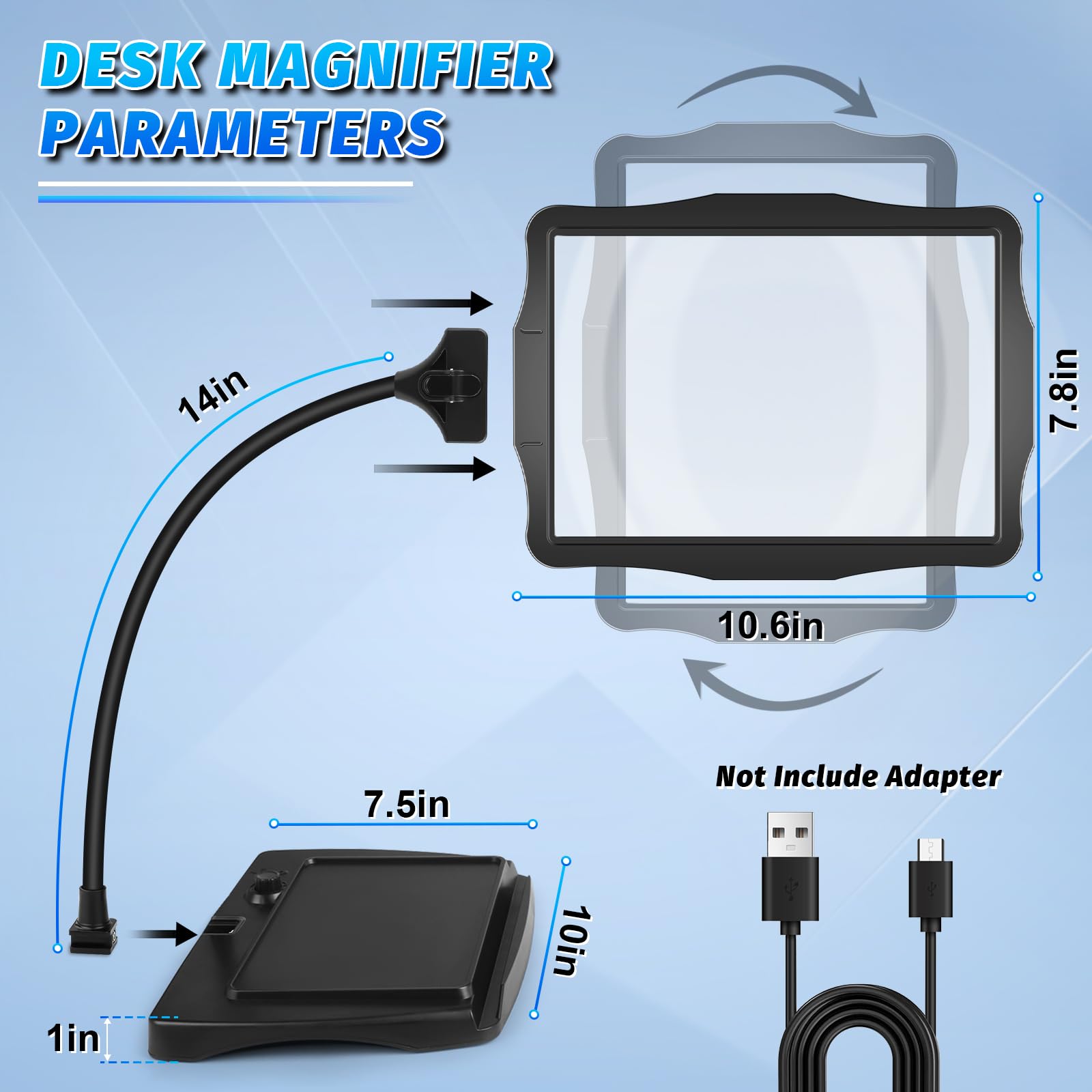 NZQXJXZ 10X Recargable Lupa con Luz y Soporte, Lámpara de Escritorio con Cuello de Cisne Flexible de 50 LED, Lupa de Página Grande para Leer, Coser, Manualidades, Pintar, Bricolaje, Trabajos de Cerca
