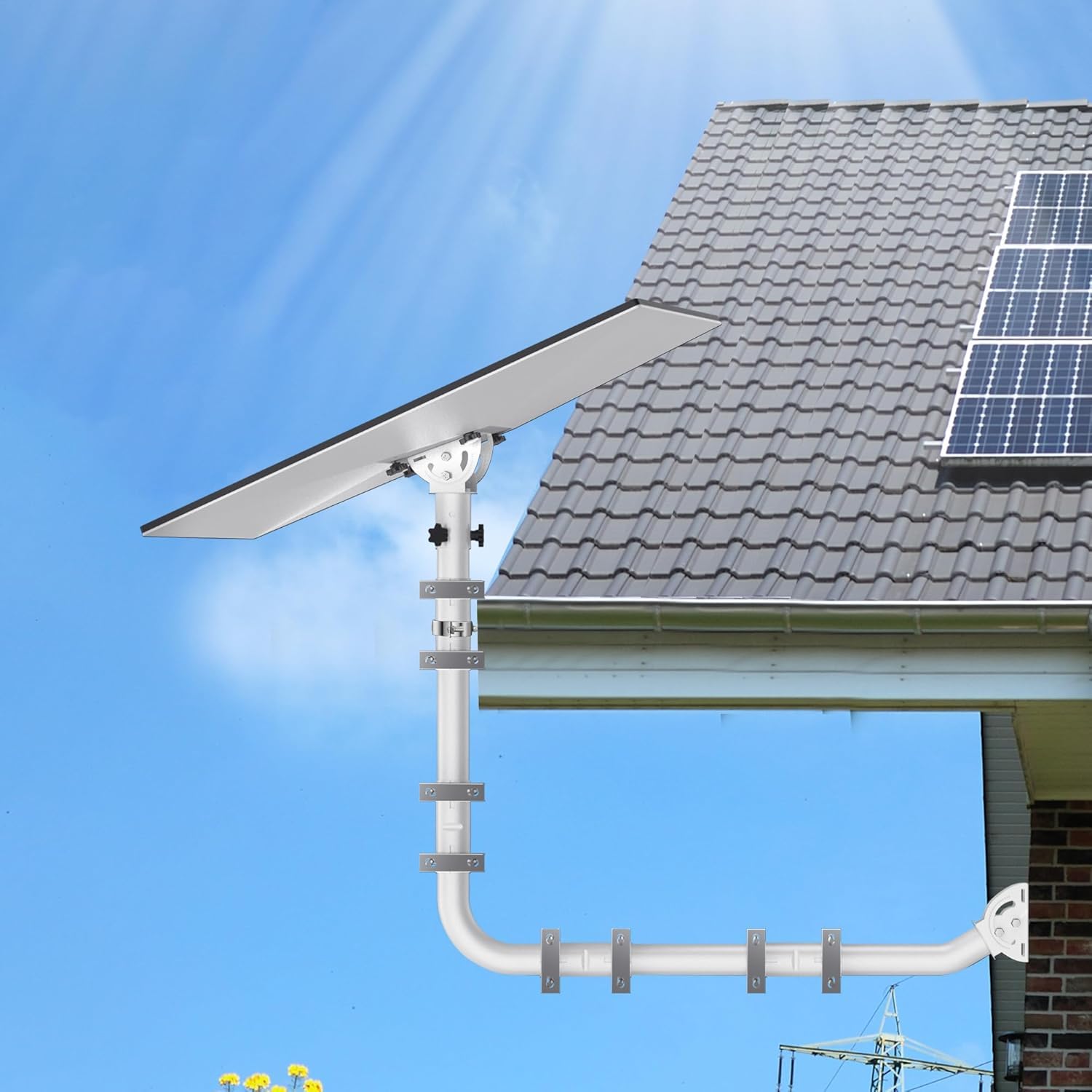 Montageset für Lange Wandantenne – Halterung für Lange Dachrinnenstangen, komplett mit 90° Winkel, Verlängerungsrohr, Verbindungsadapter und Schrauben. Perfekt für Externe TV-Antennen