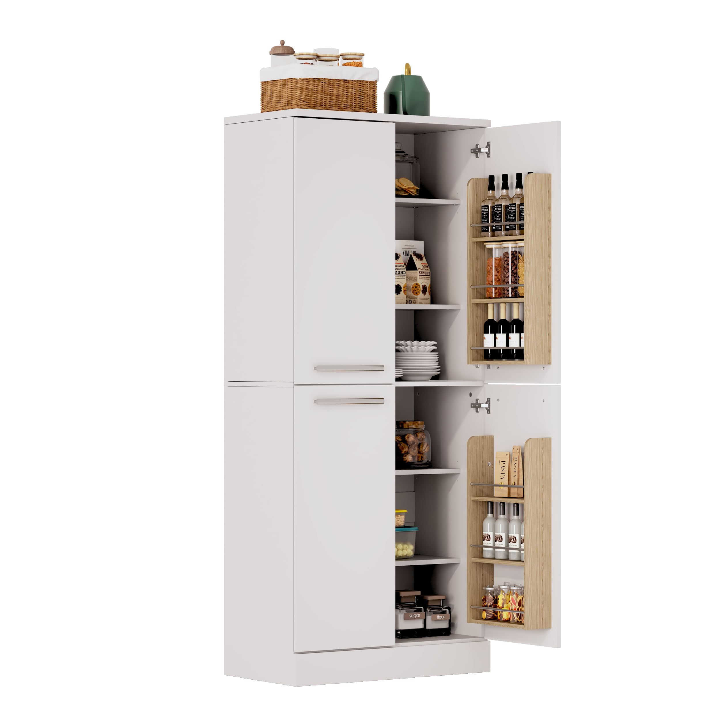 Muskel Kitchen Pantry Gabinete alto blanco brillante, armario de 4 puertas en diseño de frigorífico, estantes ajustables en altura, armario de cocina grande con asas de metal, 76 x 42 x 180 cm