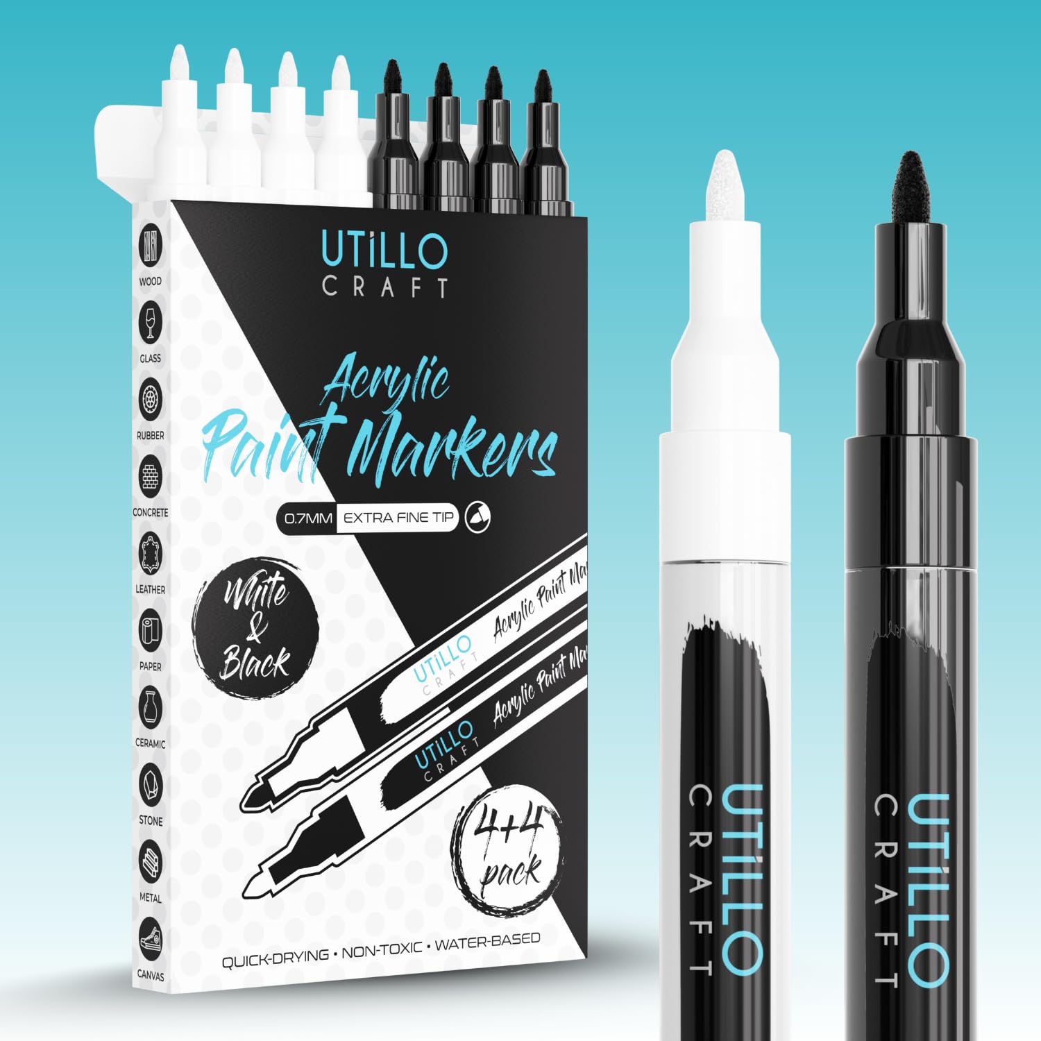 Utillo Craft Black And White Paint Pens (8-Pack) Extra Fine 0.7mm | Paint Markers For Metal, Fabric, Wood, Glass, Paper, Plastic, Rock, Leather | Bold Color Permanent Black And White Acrylic