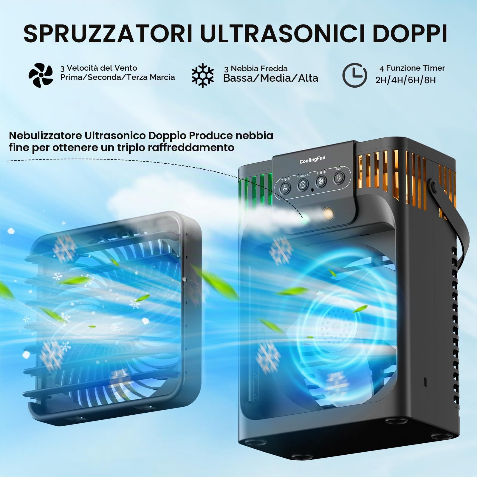 Climatizzatore mobile 4 in 1, con telecomando, 3 velocità, 3 modalità di nebulizzazione, serbatoio dell'acqua da 1200 ml, timer da 2 a 8 ore, luce notturna, mini condizionatore per stanza