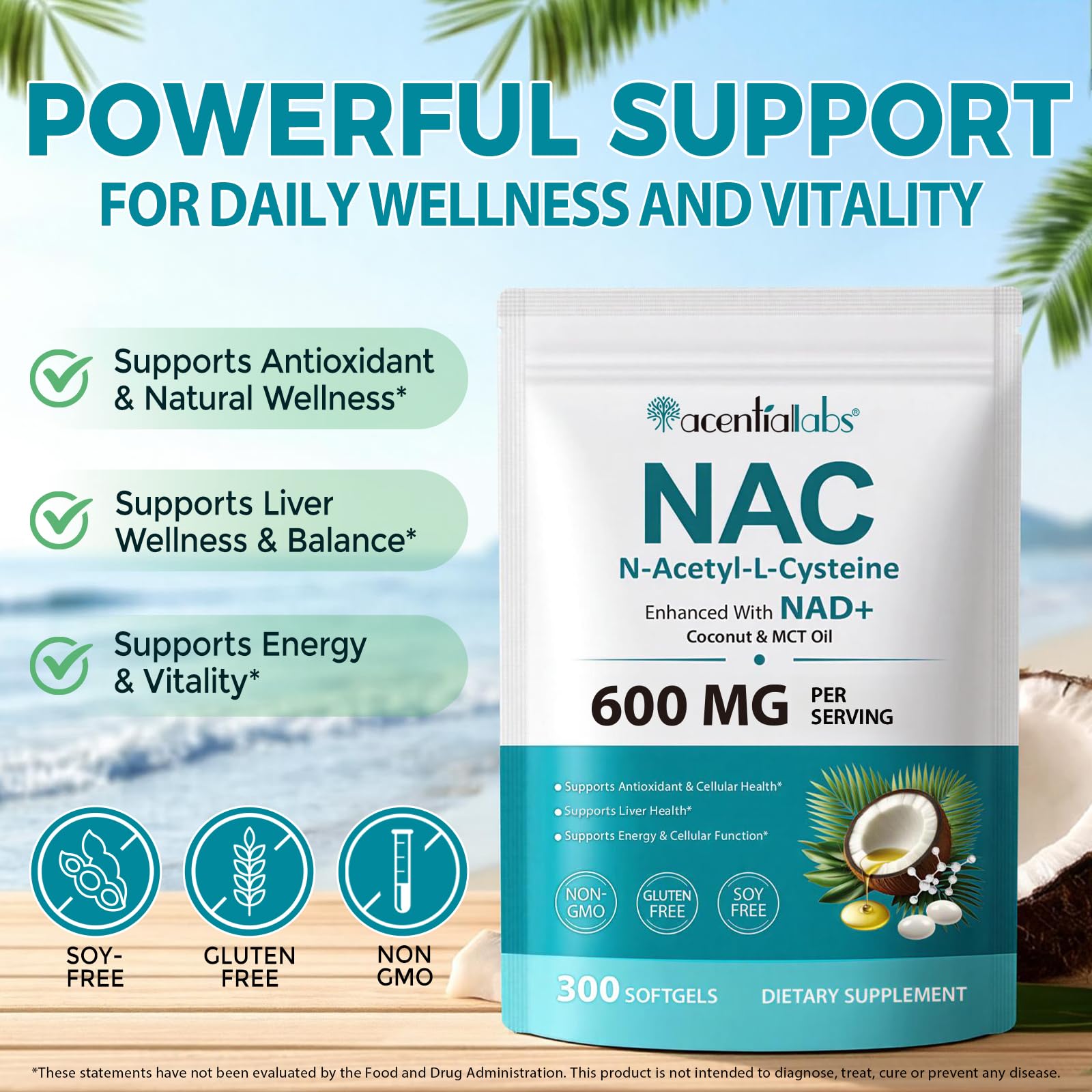 NAC N-Acetyl-L-Cystein 600 mg mit NAD+ – 300 Softgels mit Kokosöl & MCT Öl – Antioxidative Unterstützung & Zellenergie – Nahrungsergänzungsmittel – Non-GMO, Glutenfrei, Laborgeprüft