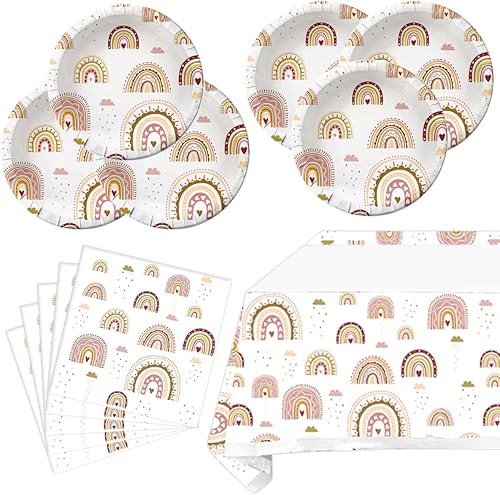 Juego de vajilla bohemia para fiesta, 20 platos y 20 servilletas y mantel de 71 x 42 pulgadas, decoración de mesa de cumpleaños arcoíris bohemio