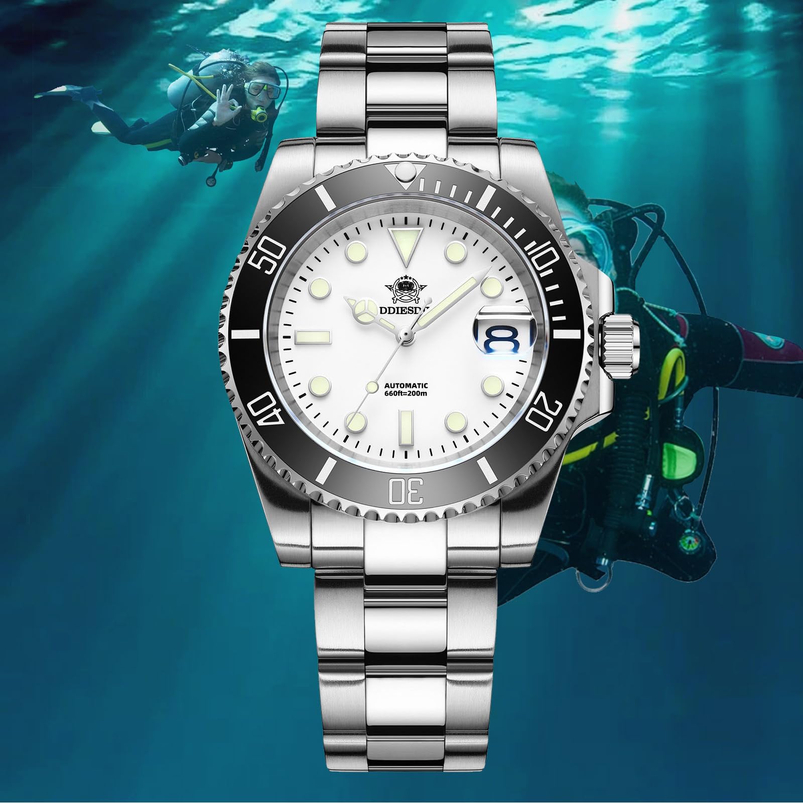 ADDIESDIVE Relojes automáticos Hombre Reloj de Buceo 200m Impermeable NH35A/8215 BGW9 Luminoso de Correa en Acero Inoxidable Relojes para Hombres Regalo para Hombre