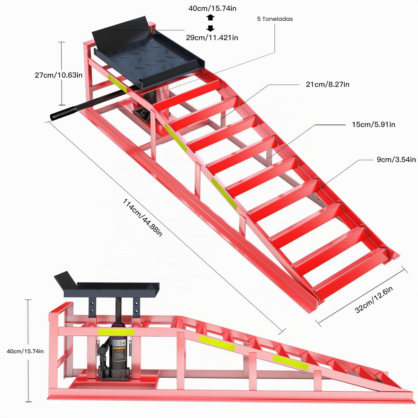 LARBANKE 2 Piezas Rampas de Carga Hidráulicas 5 Ton, Rampas para Coche con Tiras Reflectantes, Altura Ajustable de 24,9 a 38,1 cm, Elevador para Cambio de Aceite, Acero Reforzado - Rojo