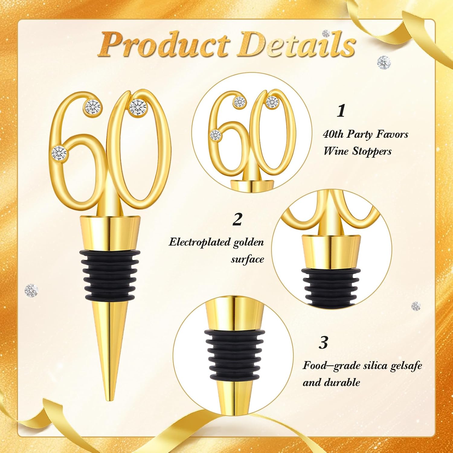 30Pcs 60th Birthday Wine Stopper Party Favors Gold Wedding Favor Wine Bottle Anniversary Wine Stopper Souvenirs for Guests Wine Bottles Stopper Decorative for Wedding Anniversary Parties(60th) - Image 3