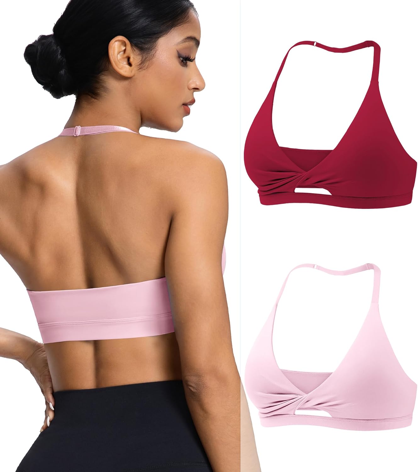 2 Pack Sports Bras for Women - Push Up Medium Impact Halter Adjustable Strappy Workout Wireless Bra