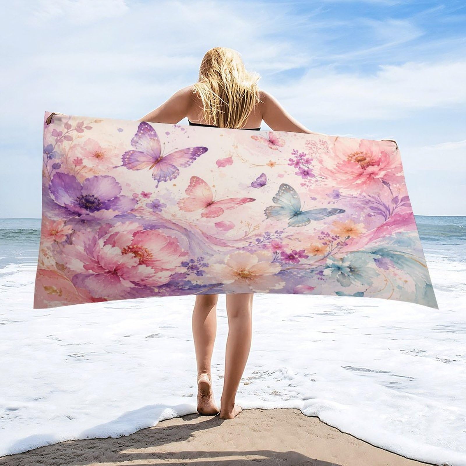 Anceky Floral Butterflies Pastel Watercolor Beach Towel 30"×60",Soft Microfiber Bath Towel Shawl, Quick Dry Absorbent Pool Spa Gym Shower Towel