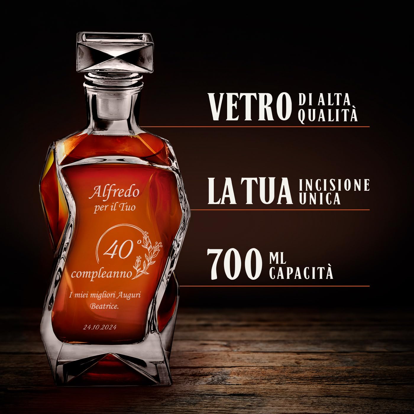 Maverton Set Decanter per Whisky in vetro - da 700 ml - incisione personalizzata - Caraffa con 6 bicchieri - idea regalo per il compleanno - per l’ uomo - regalo di Natale - Dei campi