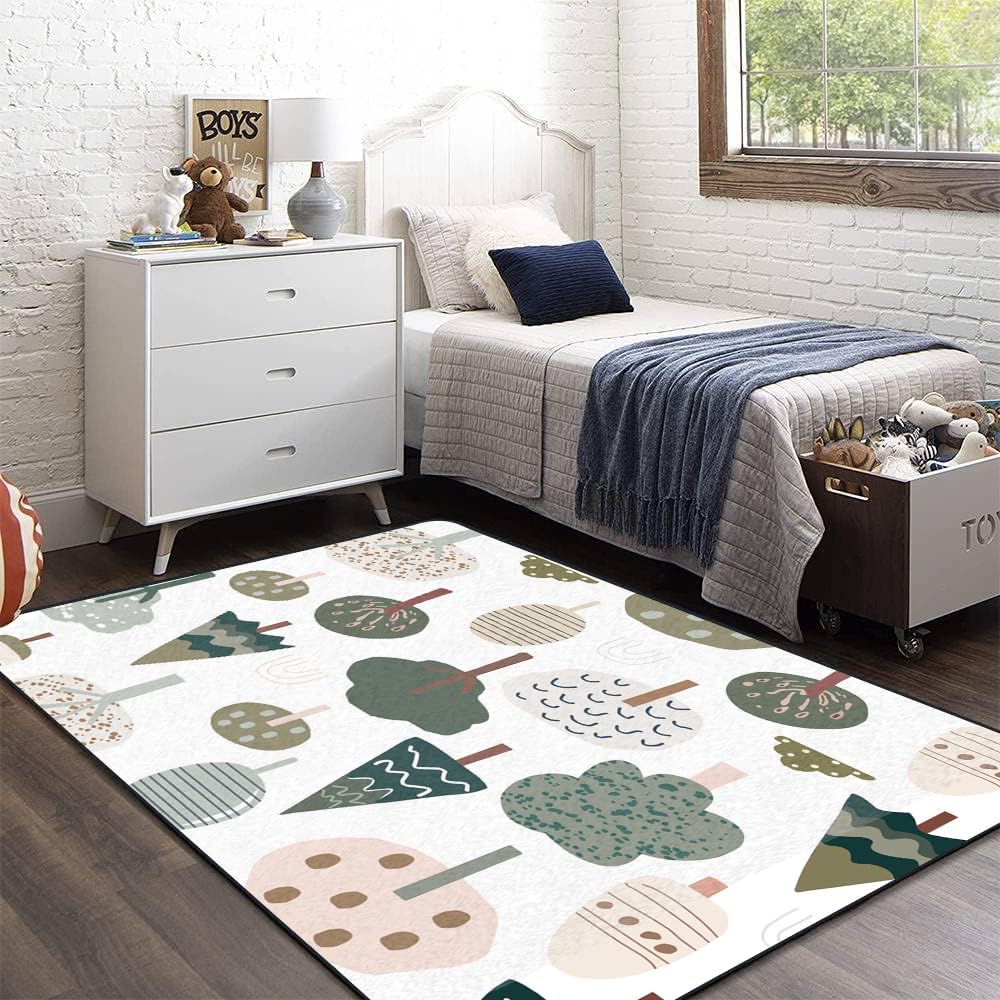 Soft Kids Play Area Rugs 3D Home Seamless Trendy Forest Texture Abstract Hand Drawn Tree Plush Rugs Non Slip Shaggy Carpets for Kids' Bedroom Classroom Playroom Nursery Décor