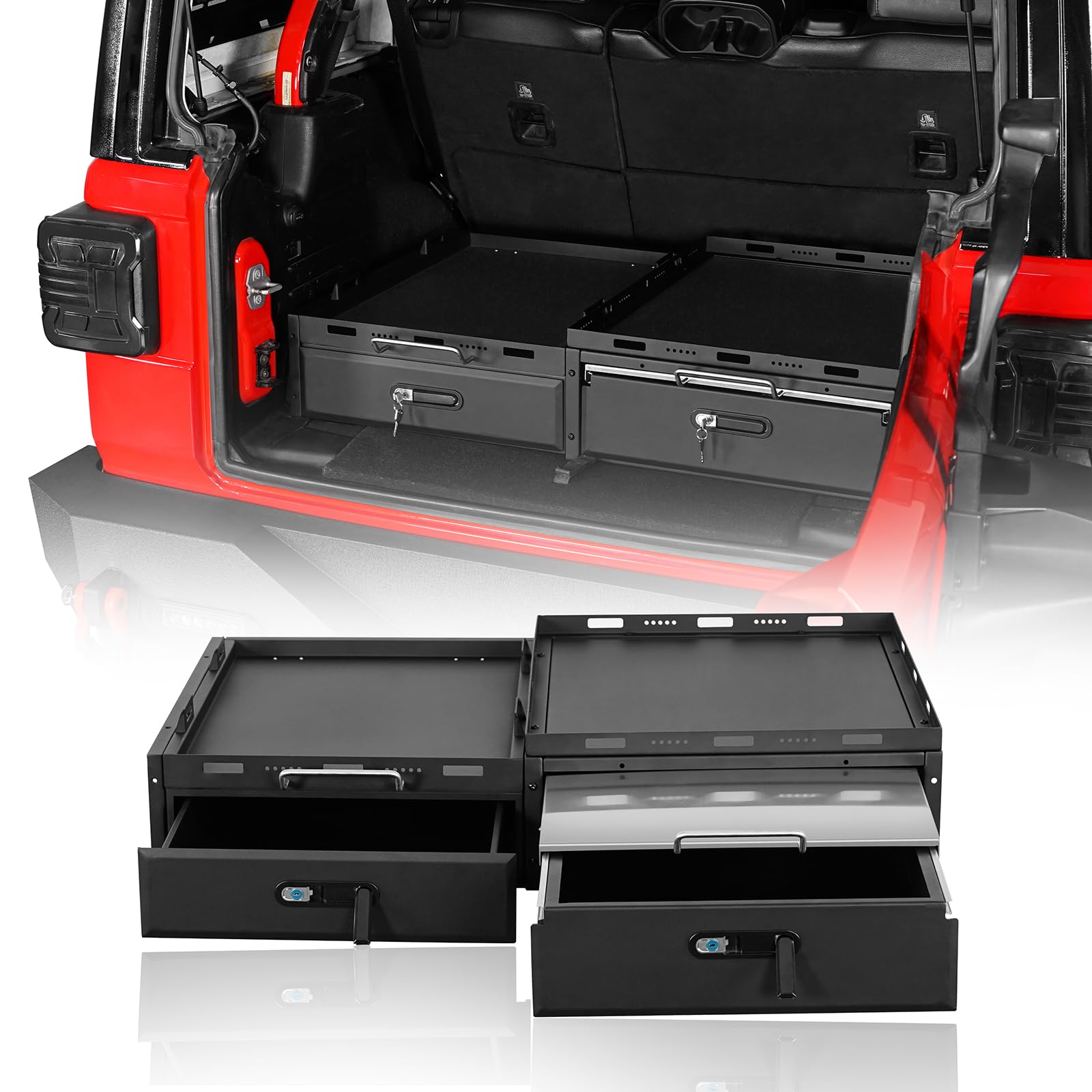 Hooke Road JK JL Trunk Cargo Storage Drawer System & Fridge Slide Mount & Cooking Platform for 2007-2025 Jeep Wrangler JK JL Unlimited 4-Door