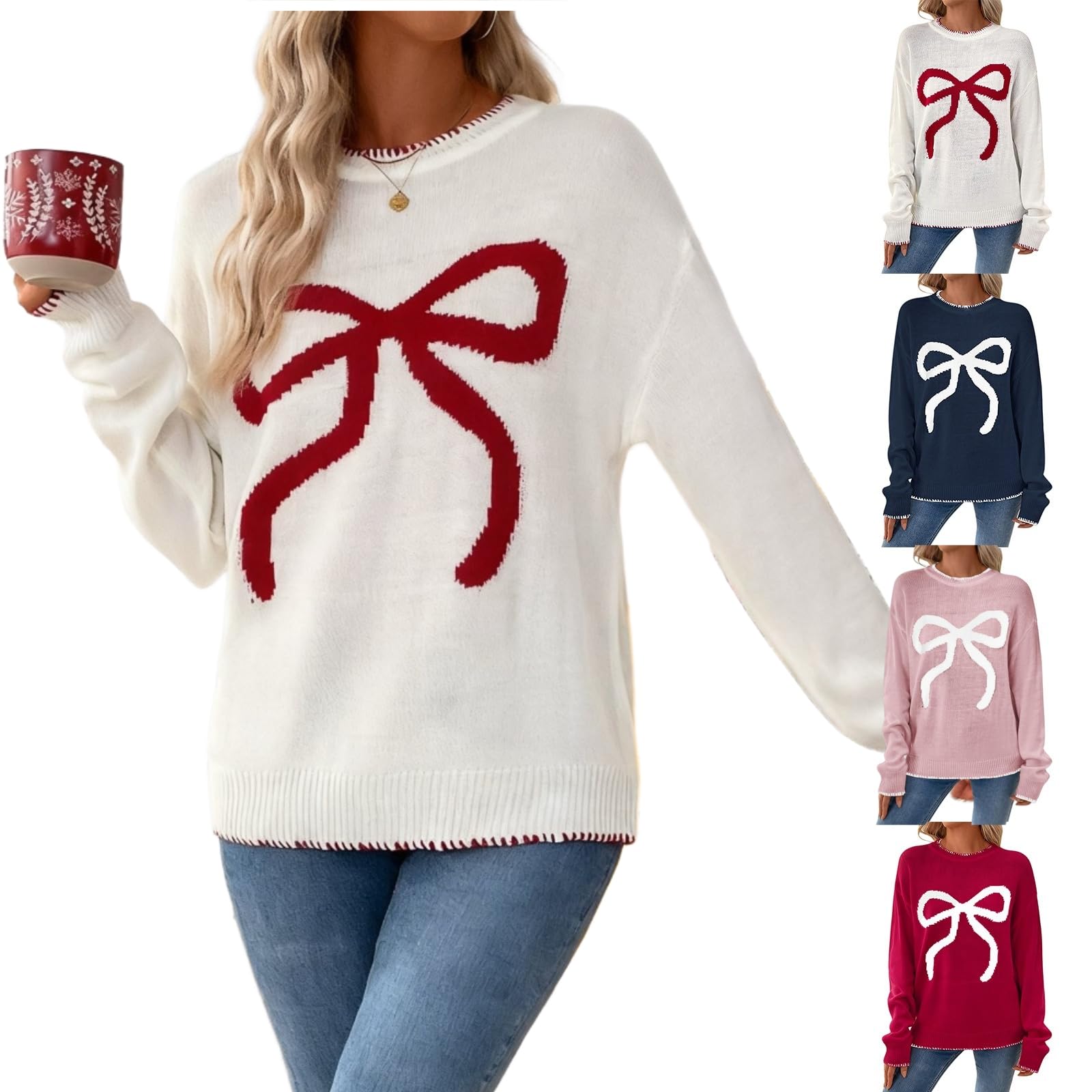 Women Bow Sweater Casual Crew Neck Long Sleeve Pullover Sweaters Y2K Lightweight Knitted Casual Jumper Tops