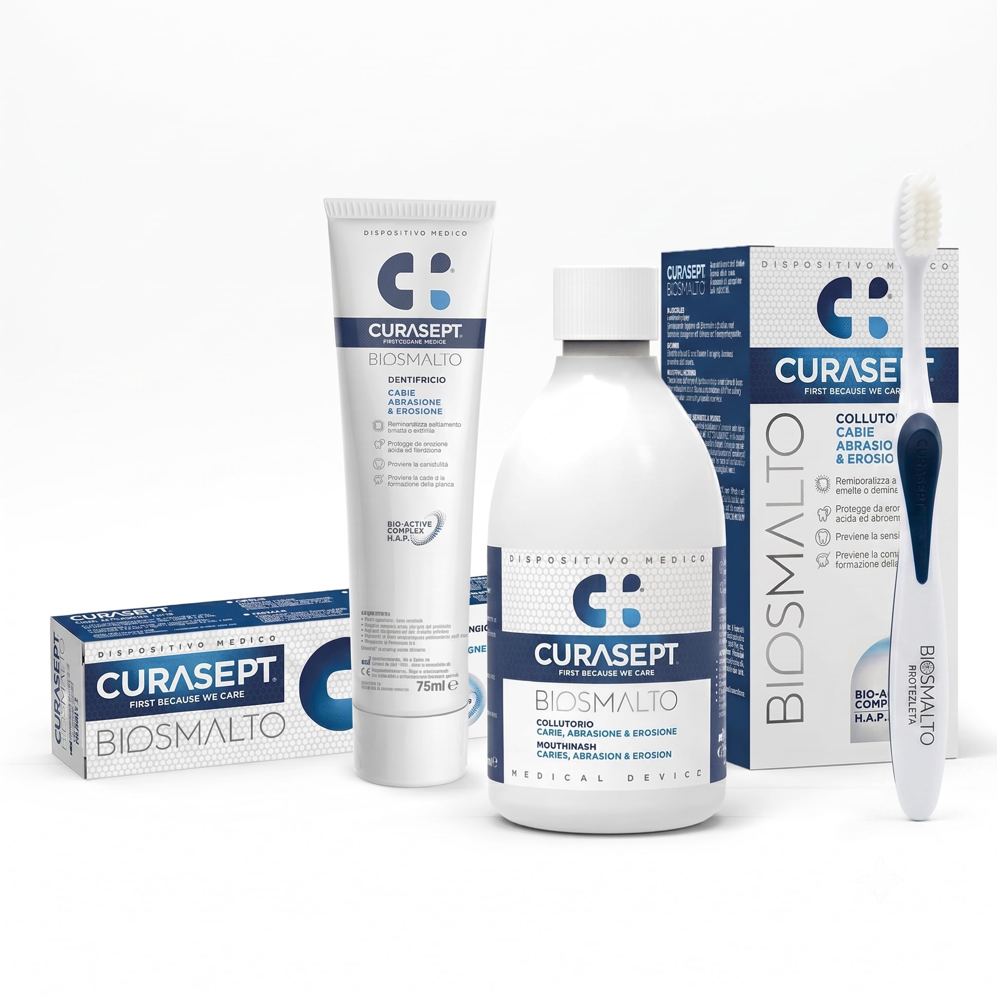 Kit 3 Pezzi Biosmalto Protezione Carie Curasept | Dentifricio 75ml + Collutorio 300ml + Spazzolino | Remineralizzazione Smalto, Prevenzione Abrasione ed Erosione, Igiene Orale Efficace
