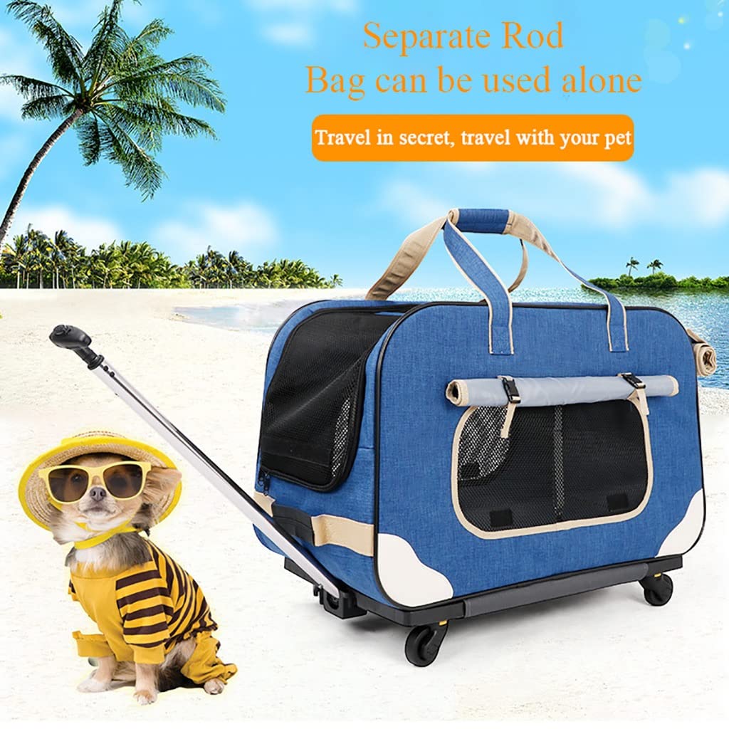 Transportín con ruedas para mascotas con ruedas desmontables, transportador con ruedas de viaje para perros/gatos pequeños y medianos de hasta 29 libras, plegable y transpirable (color: gris)