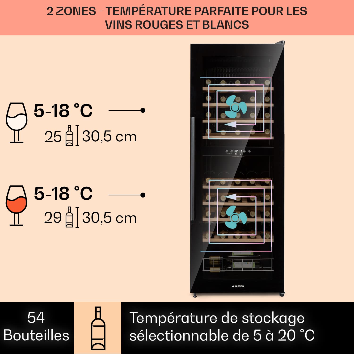 KLARSTEIN Cave à Vin Réfrigérateur sur Pieds Porte Verre 77 Bouteilles 5-18°C Protection UV